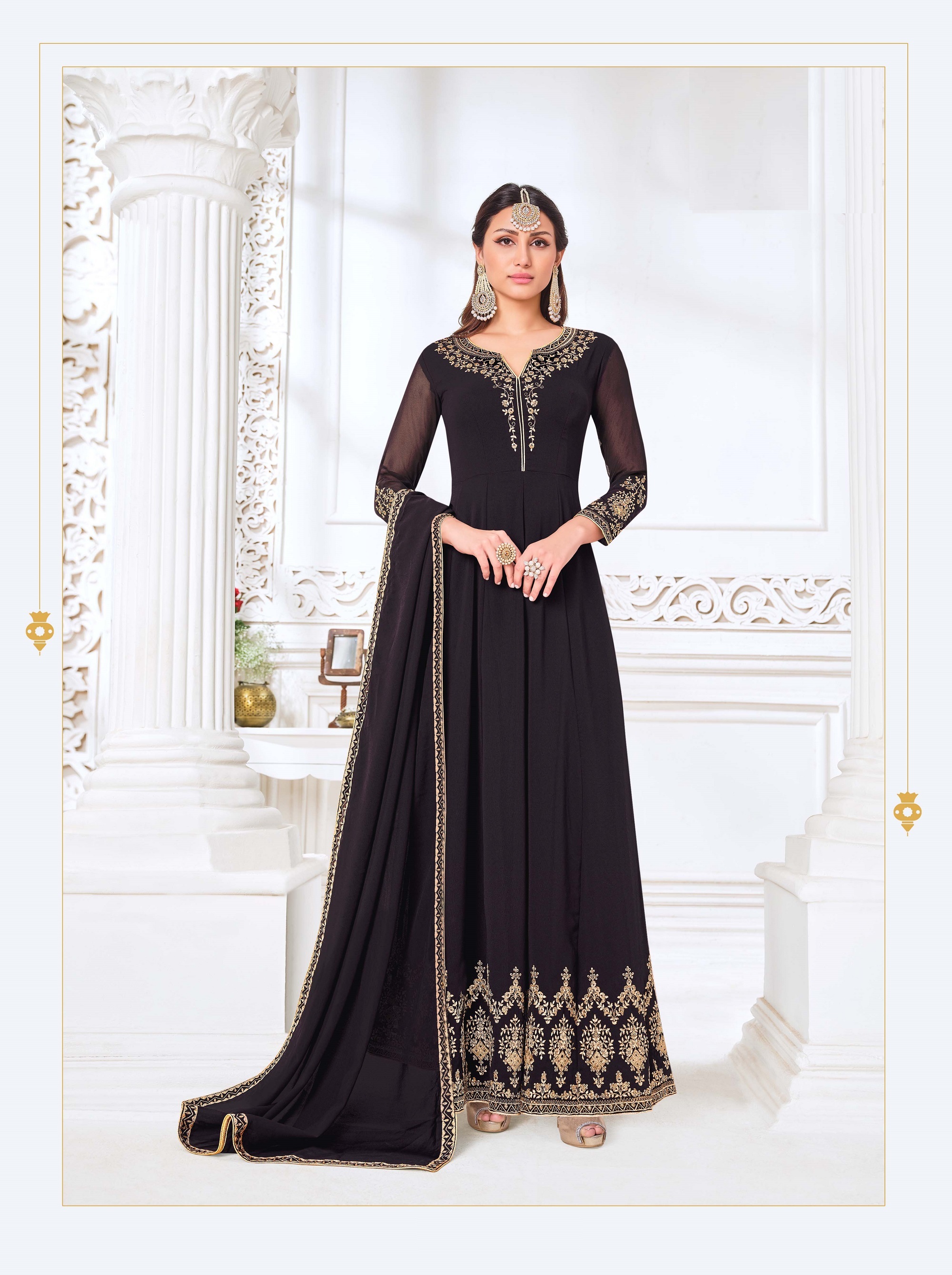 Anarkali Gown Dress - Myanmar Georgette With Embroidery And Zari Work, Blue Color, Wedding And Party Wear Readymade Outfit For Women