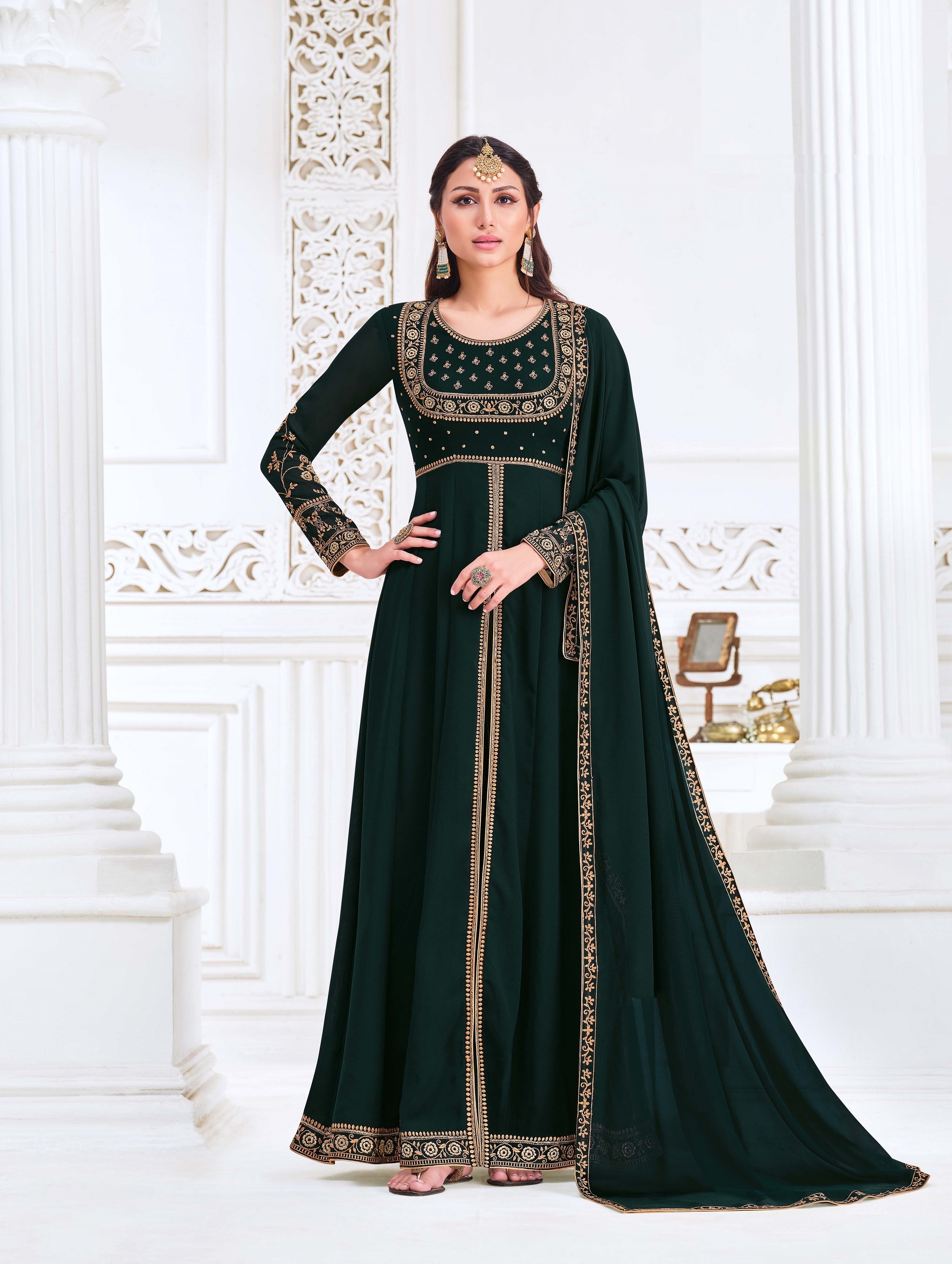 Anarkali Gown Dress - Myanmar Georgette With Embroidery And Zari Work, Blue Color, Wedding And Party Wear Readymade Outfit For Women