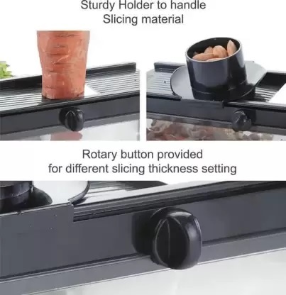Multipurpose Vegetable Slicer - Food Grade Stainless Steel Blade, 15 X 15 X 10 Cm, Black - Adjustable Thickness, Safety Holder With Slider, Easy To Clean, Ideal For Dry Fruits And Soft Vegetables