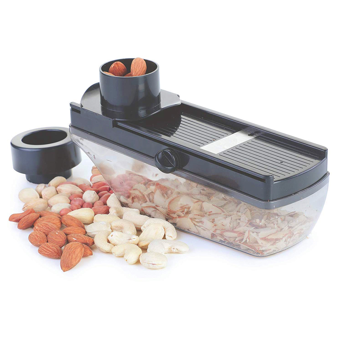 Multipurpose Vegetable Slicer - Food Grade Stainless Steel Blade, 15 X 15 X 10 Cm, Black - Adjustable Thickness, Safety Holder With Slider, Easy To Clean, Ideal For Dry Fruits And Soft Vegetables