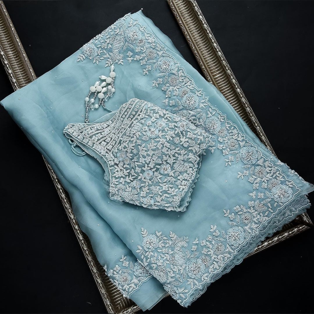 Ocean Blue Party Wear Silk Saree