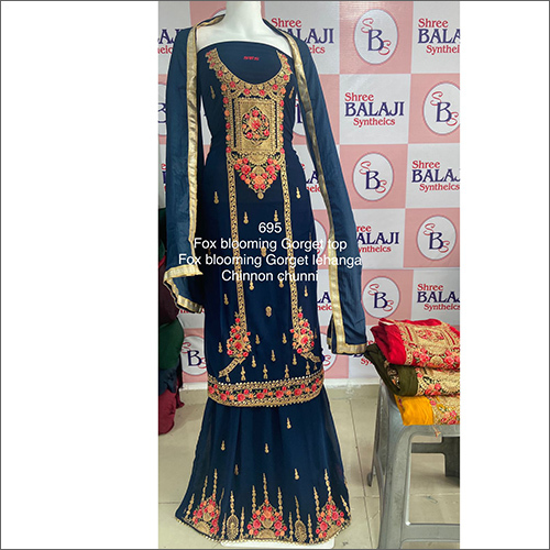 मल्टी कलर फॉक्स ब्लूमिंग ब्लू जॉर्जेट टॉप कॉटन लहंगा चिनोन चुन्नी के साथ