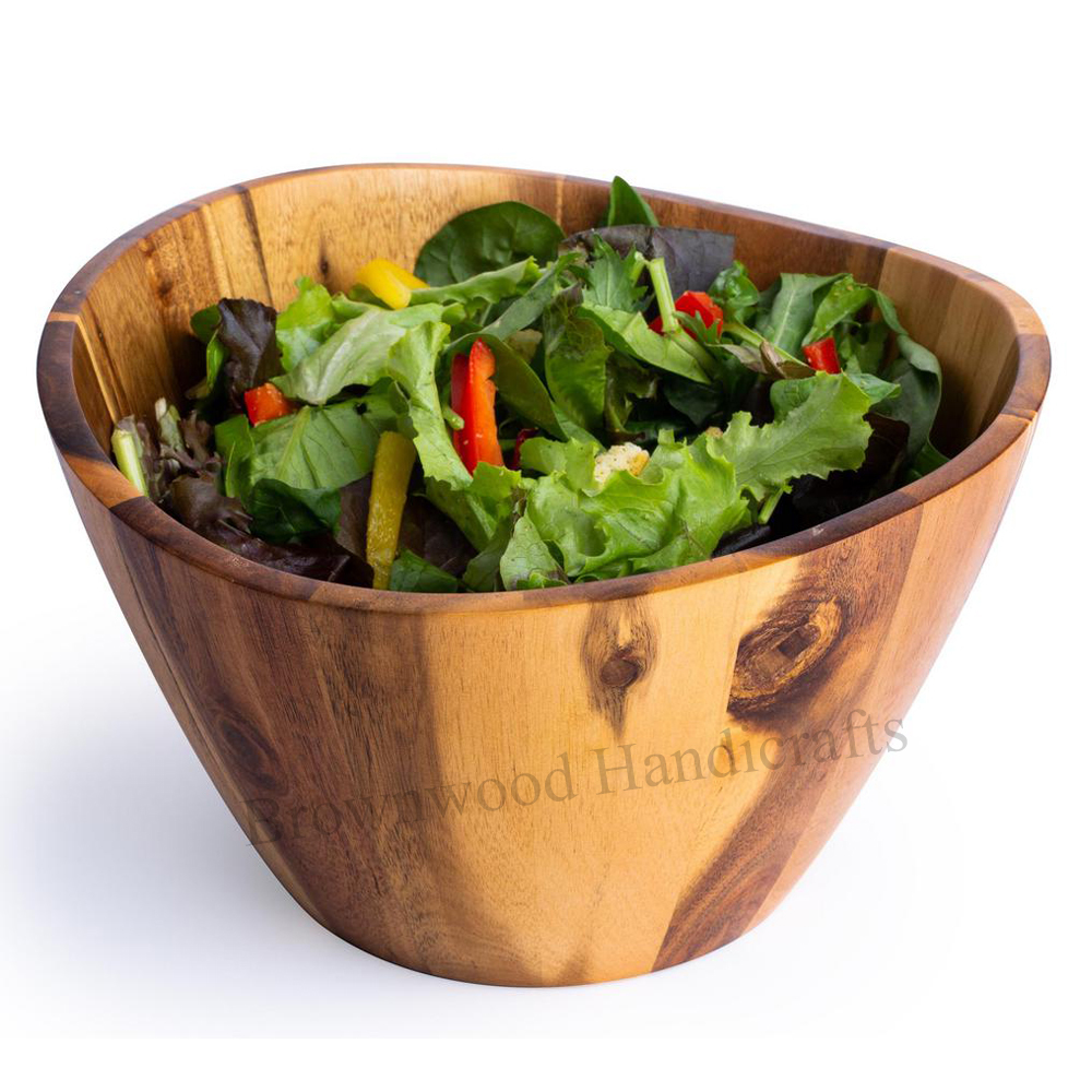 Handmade Wooden Serving Bowl - 10 X 10 X 6 Inch Natural Acacia Wood, Polished Finish, Carved Antique Style, Ideal For Gifts And Home Decoration