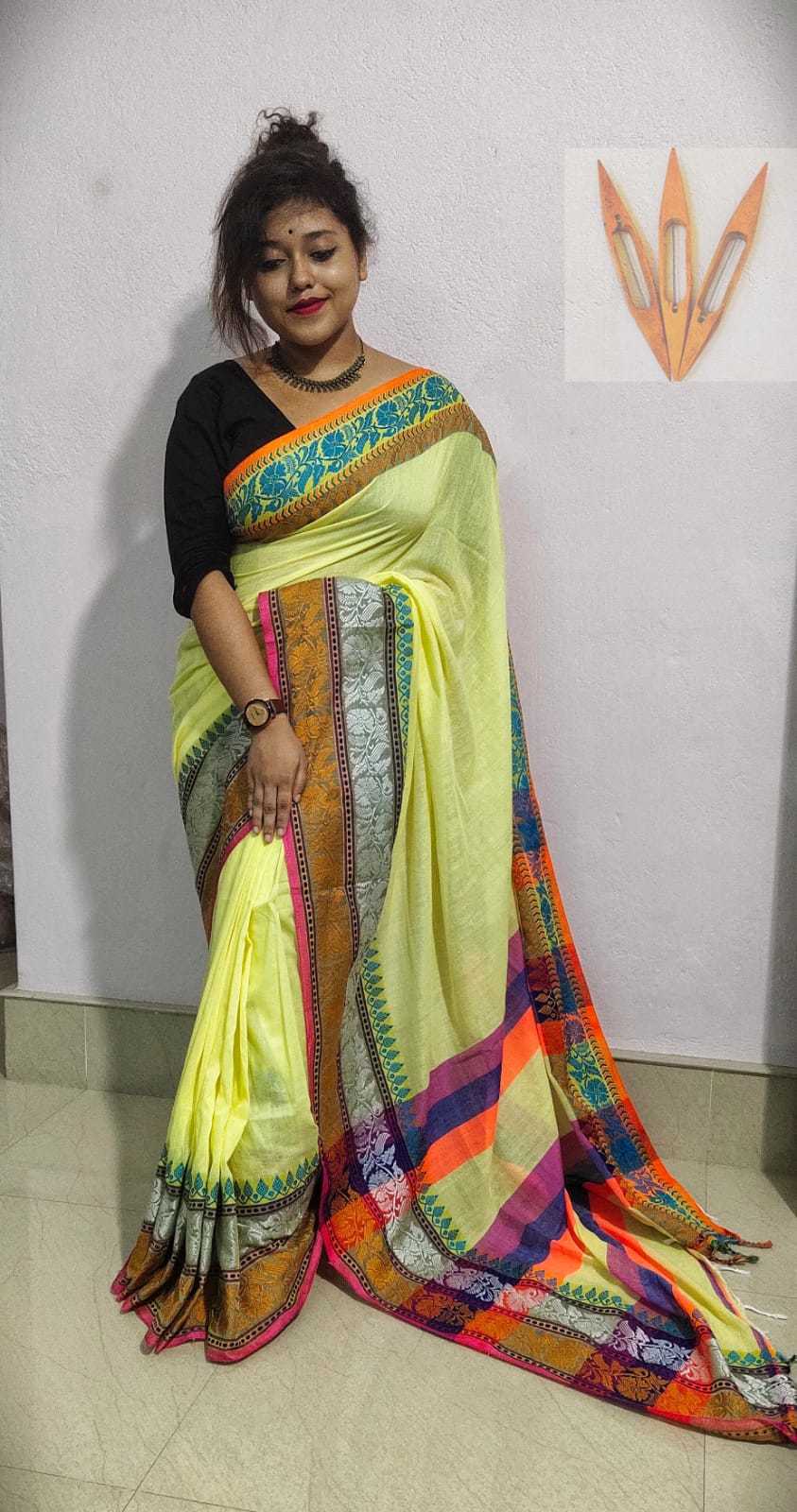Pure Cotton Handloom Sarees - 6.5 Meters Length With Blouse Piece, Yellow Woven Pattern Ideal For Parties