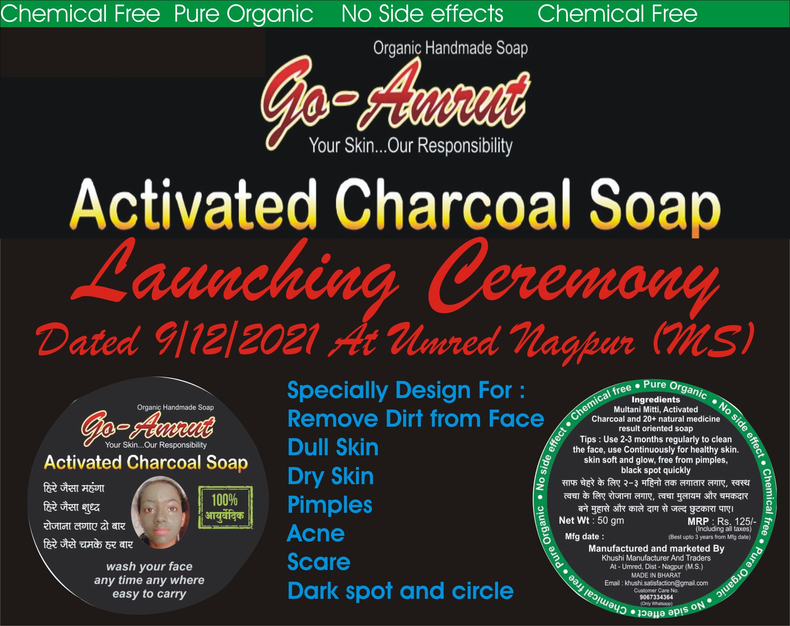 Activated Charcoal Soap - Natural Ingredients, 100g Size | Black Color, Targets Pimples, Acne, Blackheads, Oily Skin, Scars