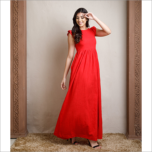 Washable Ladies Cotton Slub Red Dress