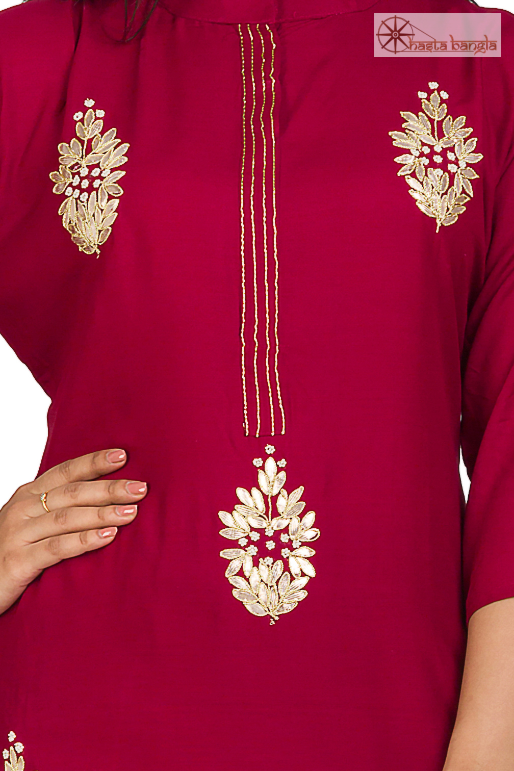 Maroon Gota Patti & Moti Hand Embroidery Cotton Kurti