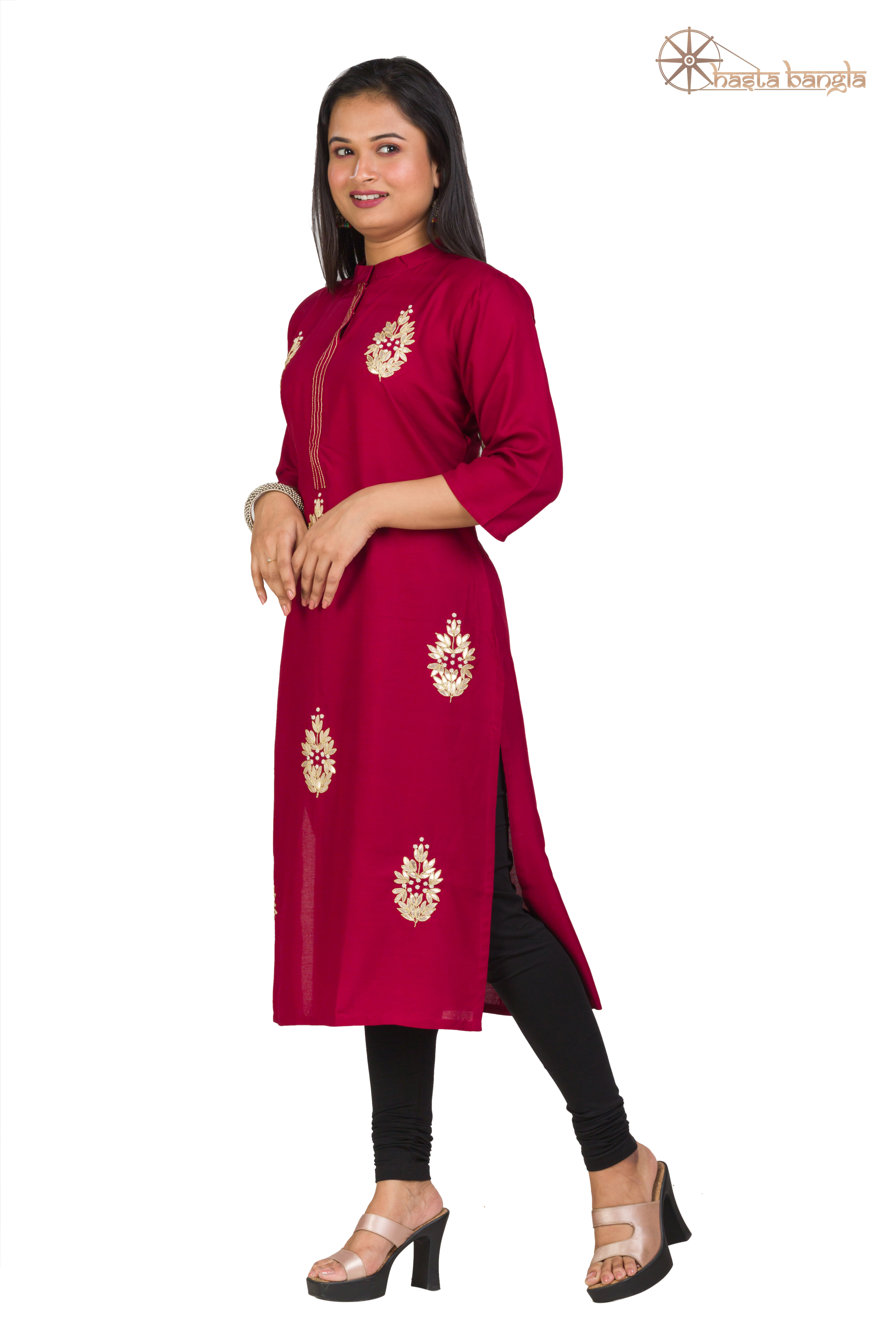 Maroon Gota Patti & Moti Hand Embroidery Cotton Kurti