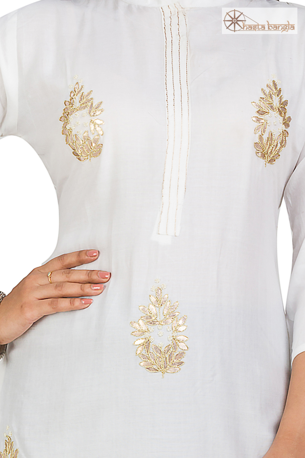 Gota Patti & Moti Hand Embroidery Cotton Kurti - Customized Sizes Available In Ivory White | Breathable Fabric, Perfect For Daily Wear In All Seasons