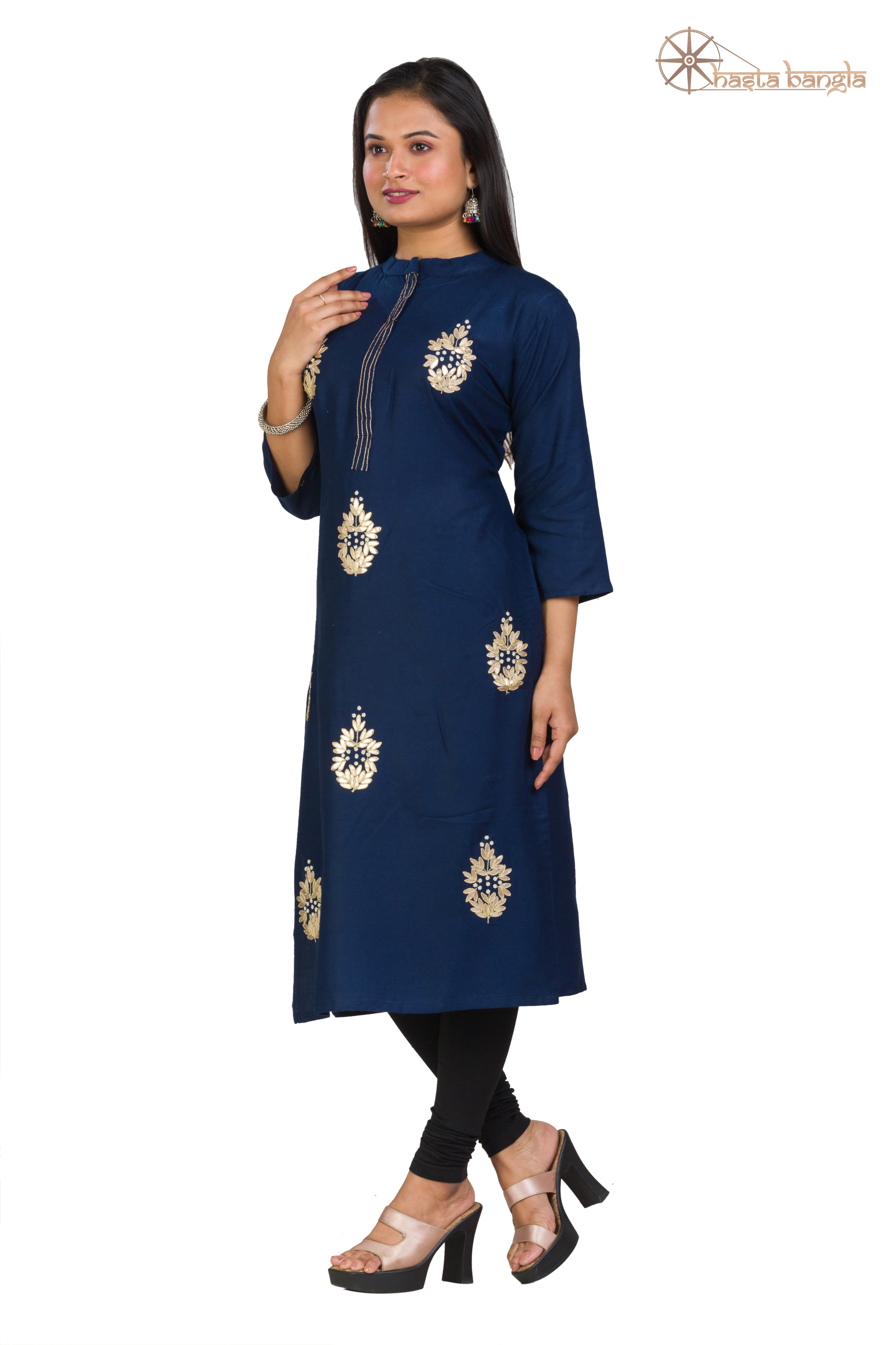 Gota Patti & Moti Hand Embroidery Cotton Kurti - Customized Sizes Xs To Xxxl, Navy Blue Color | Breathable Fabric, Suitable For Rainy, Spring, Summer, And Winter Seasons, Ideal For Casual And Daily Wear