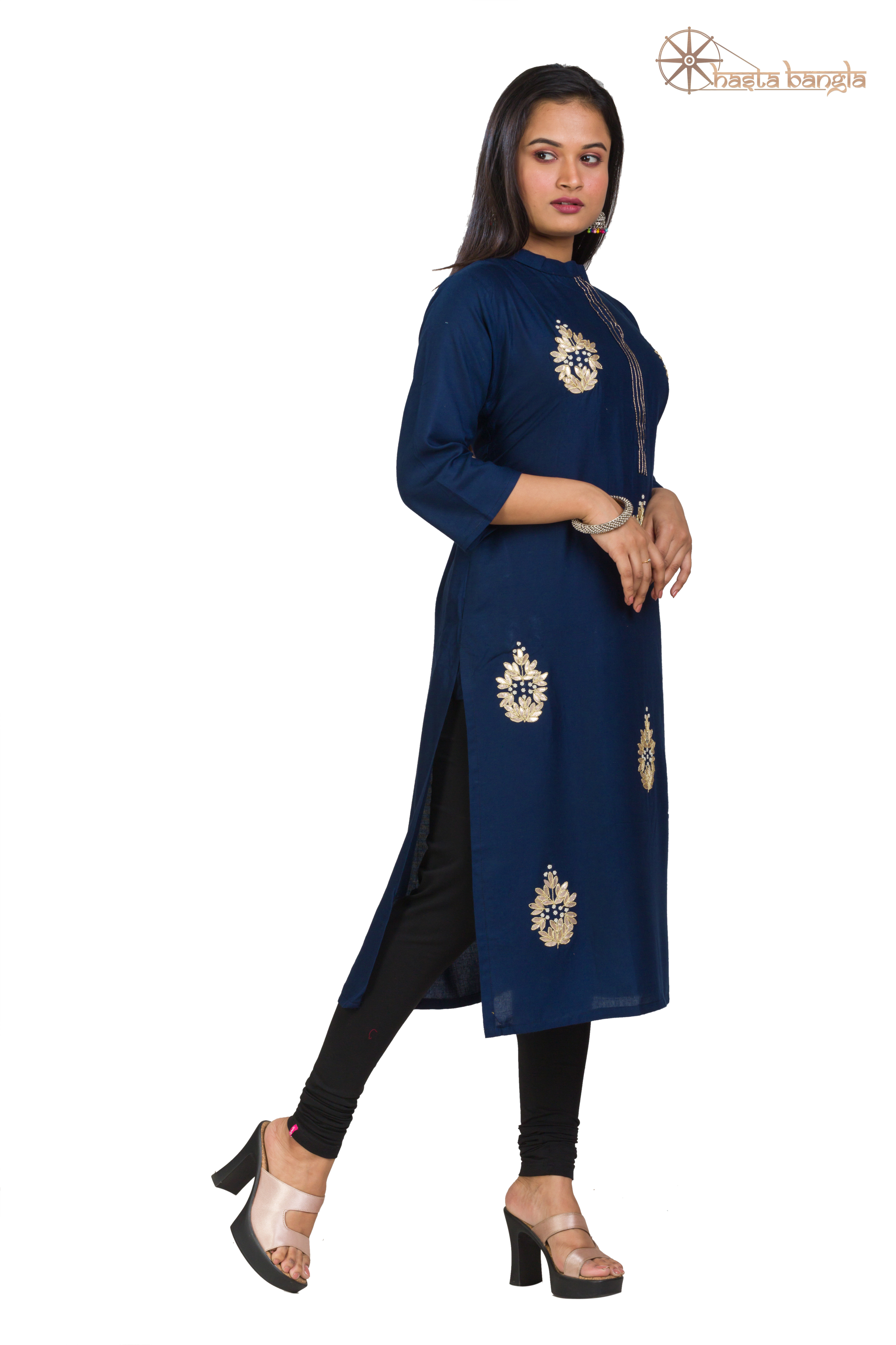 Gota Patti & Moti Hand Embroidery Cotton Kurti - Customized Sizes Xs To Xxxl, Navy Blue Color | Breathable Fabric, Suitable For Rainy, Spring, Summer, And Winter Seasons, Ideal For Casual And Daily Wear