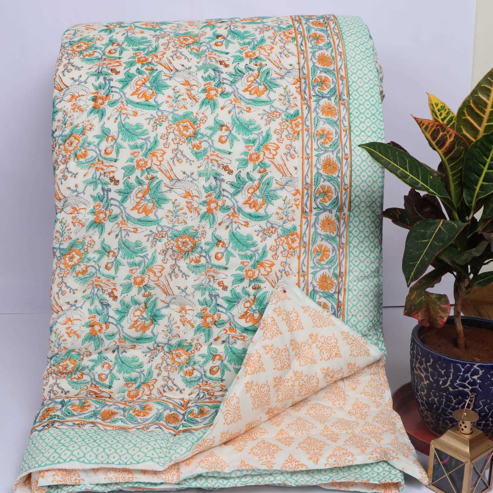 Hand Block Printed Cotton Fine Quilts - 100% Cotton, Size 90x108 Inches | Handmade Soft Winter Quilt, Washable With 210 Thread Count