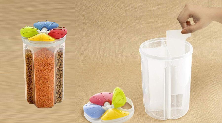 4 Section Container Jar 2200 Ml - Plastic Material, 2200 Ml Capacity, White Color | Versatile 4-in-1 Airtight Storage Solution