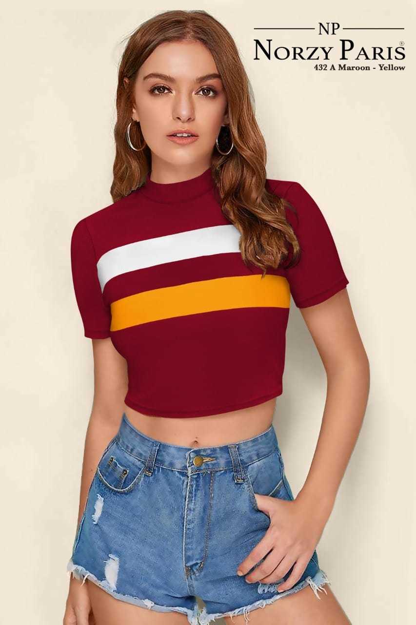 Norzy Paris Ladies Designer Trendy T-shirts - Knitting, Size: S, M, L, Xl, High Neck, Half Sleeves, 18 Inch Length, Plain Pattern, All Color Options