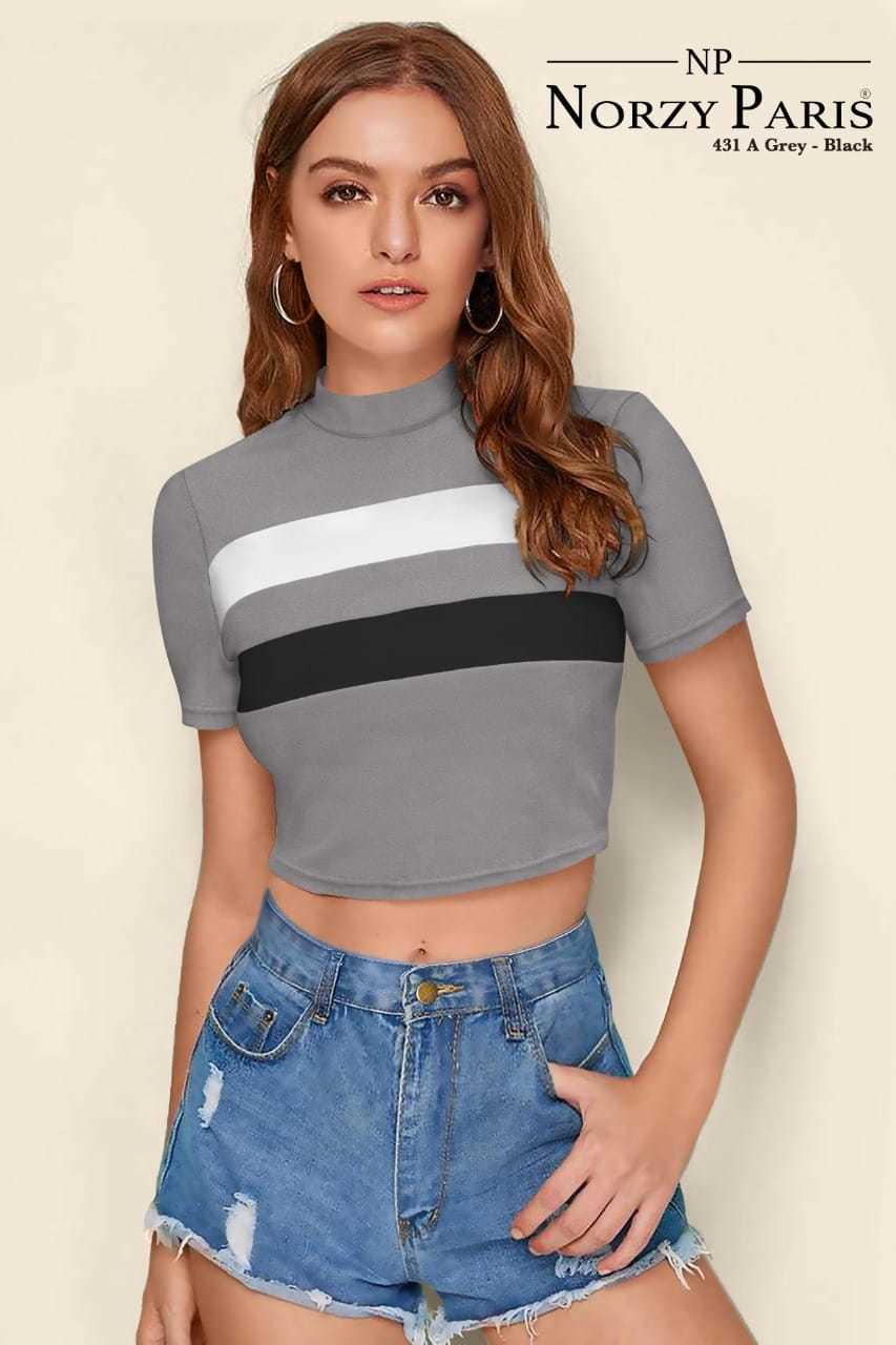 Norzy Paris Girls Fancy Crop Tops - Knitting Fabric, High Neck, Half Sleeves, Sizes: S, M, L, Xl, Length: 18 Inch | Plain Pattern, O-neck Style, All Colors Available