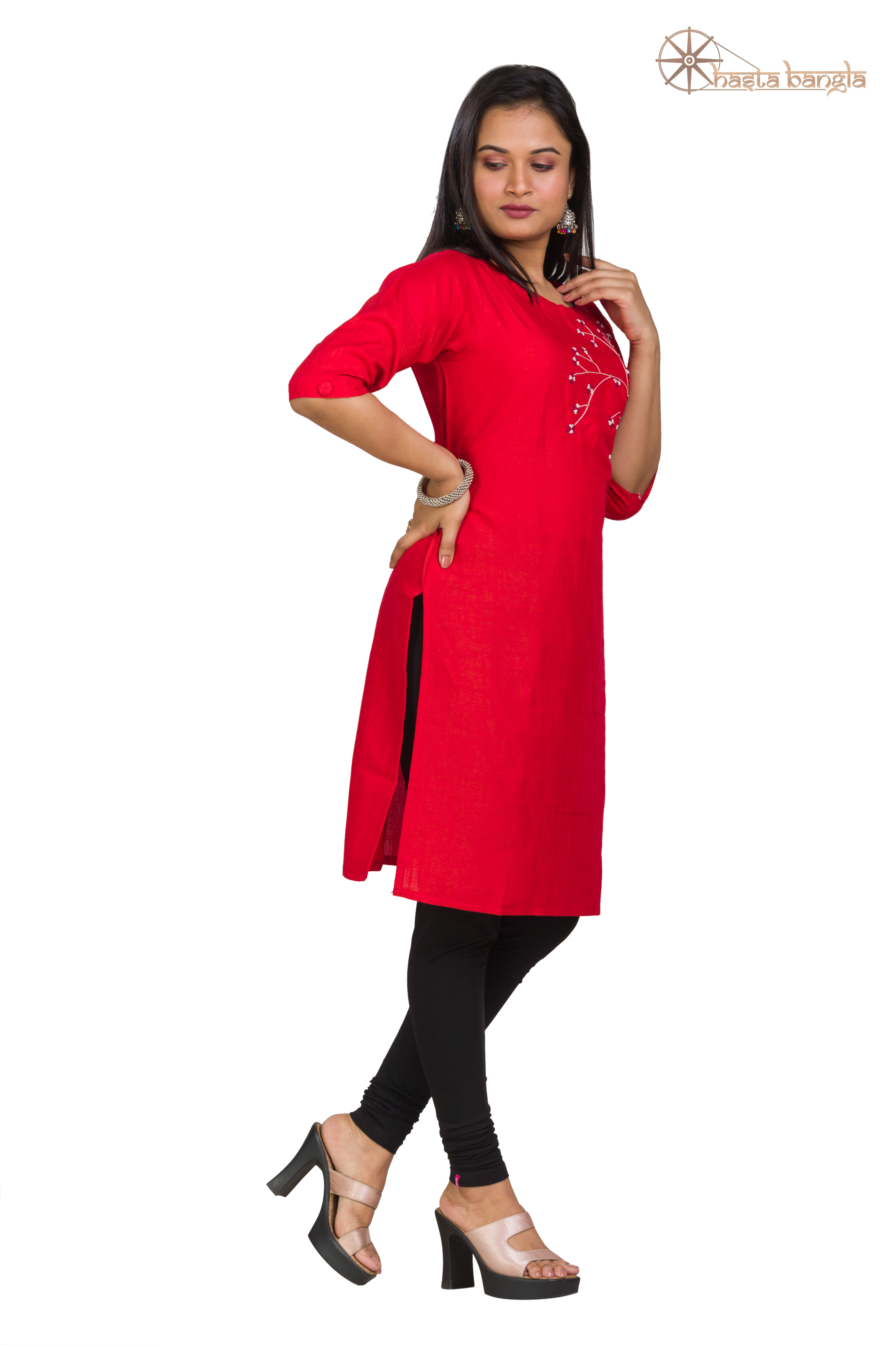 Cotton Kurti Top - Pure Cotton Customized Size Options Available Red Color Trendy Embroidered Design With Zardosi Hand Embroidery Breathable And Non-toxic For All Seasons