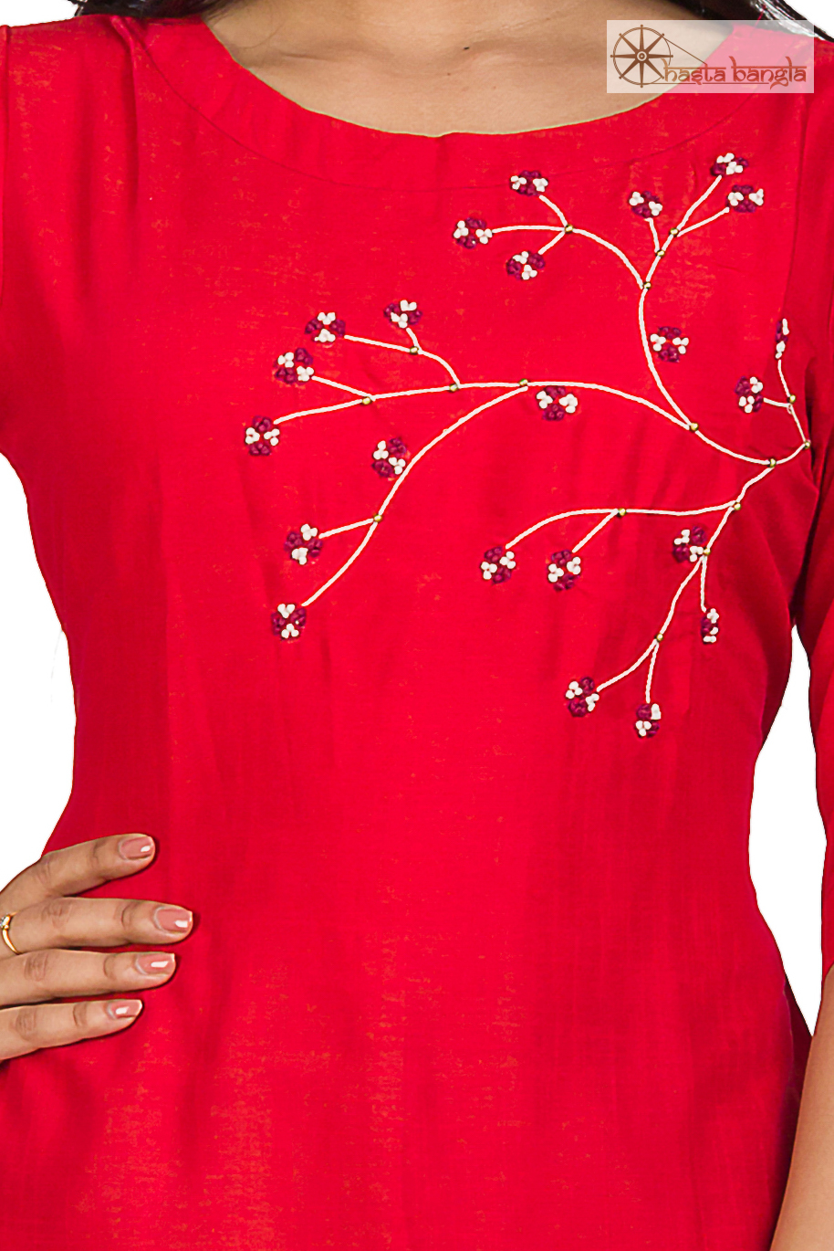 Cotton Kurti Top - Pure Cotton Customized Size Options Available Red Color Trendy Embroidered Design With Zardosi Hand Embroidery Breathable And Non-toxic For All Seasons