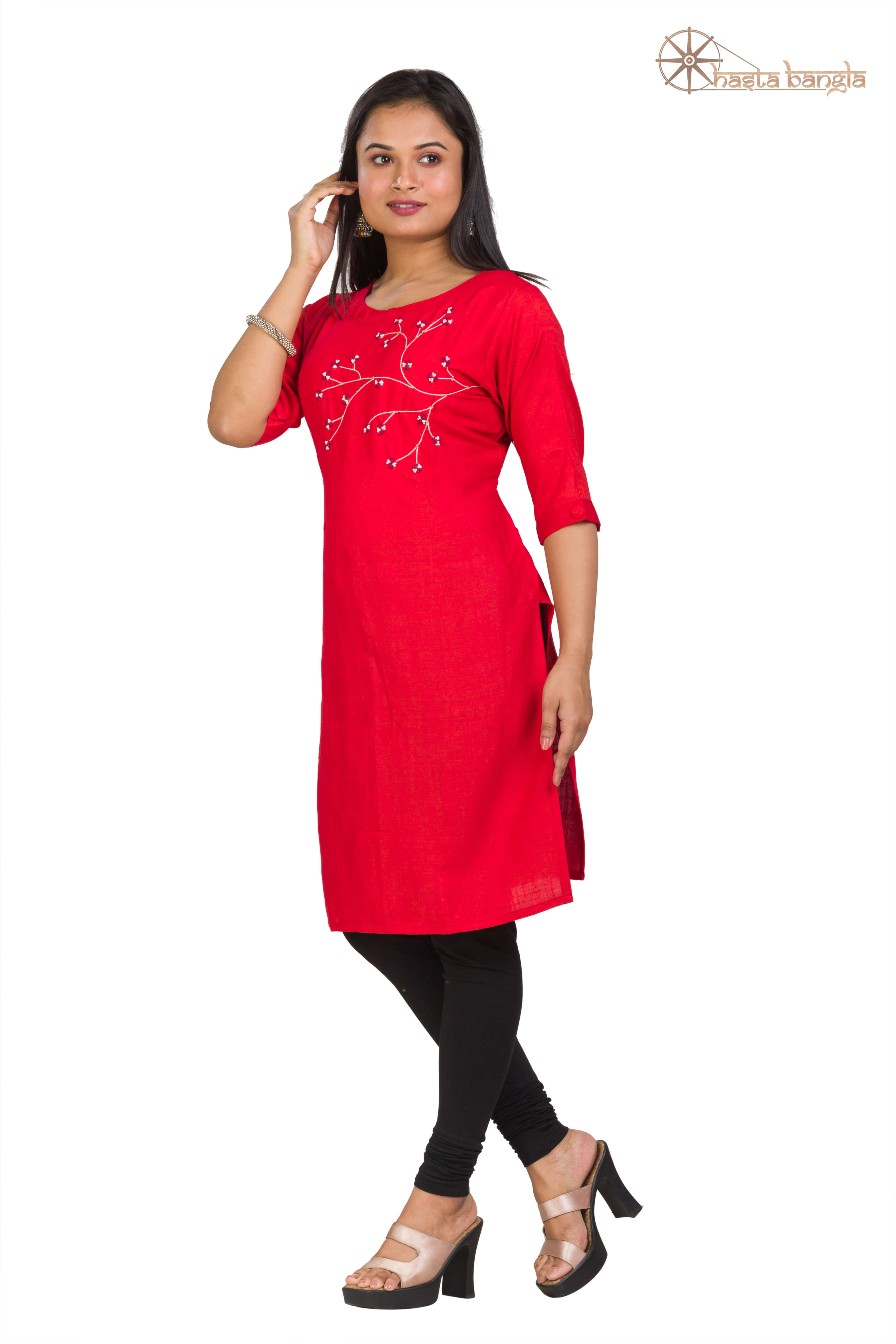 Cotton Kurti Top - Pure Cotton Customized Size Options Available Red Color Trendy Embroidered Design With Zardosi Hand Embroidery Breathable And Non-toxic For All Seasons