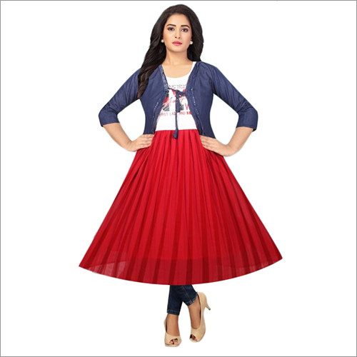 Washable Chiffon Georgette Platting With Denim Jacket