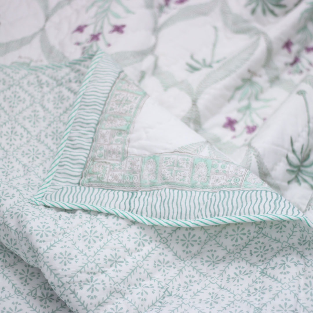 Hand Block Printed Cotton Quilt - 90" X 108" Double Bed, White Color, Surgical Cotton Filling | Care Instructions: Gentle Hand Wash, Elegant Block Print Design