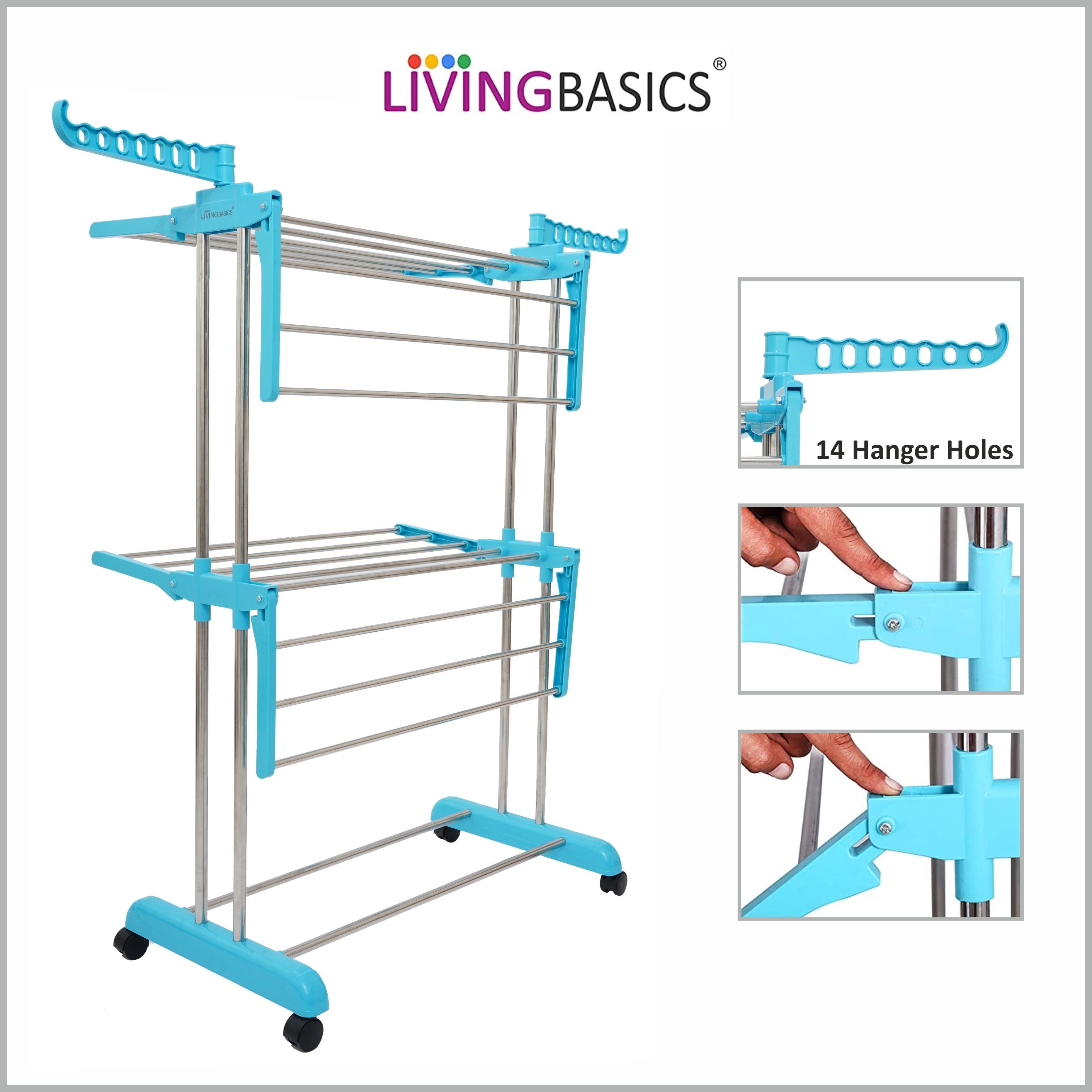 2 Layer/tier Stainless Steel Cloth Drying Stand - Medium Size, 4.42kg Weight, Cyan Blue Color, Foldable Design, Wheels For Easy Mobility