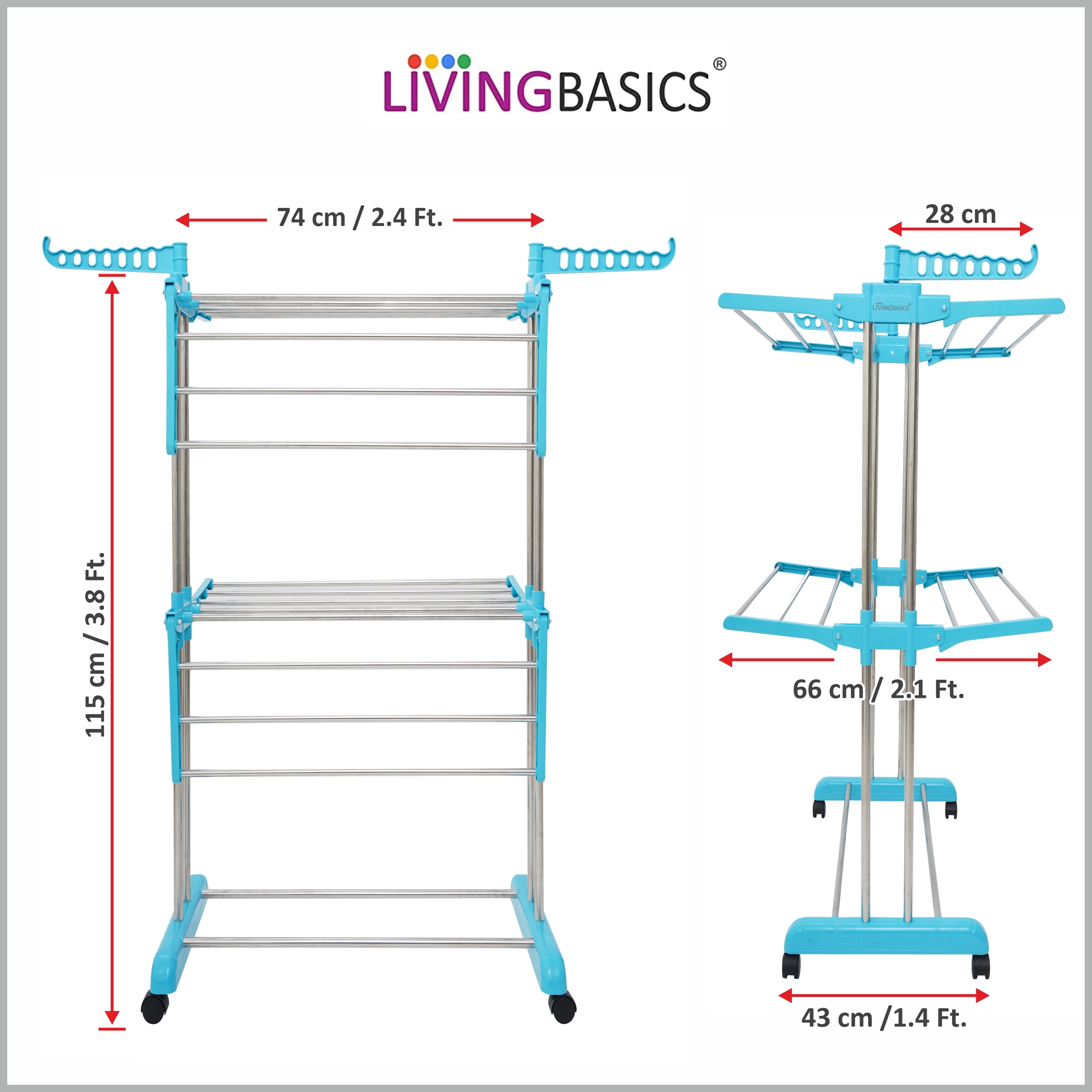 2 Layer/tier Stainless Steel Cloth Drying Stand - Medium Size, 4.42kg Weight, Cyan Blue Color, Foldable Design, Wheels For Easy Mobility