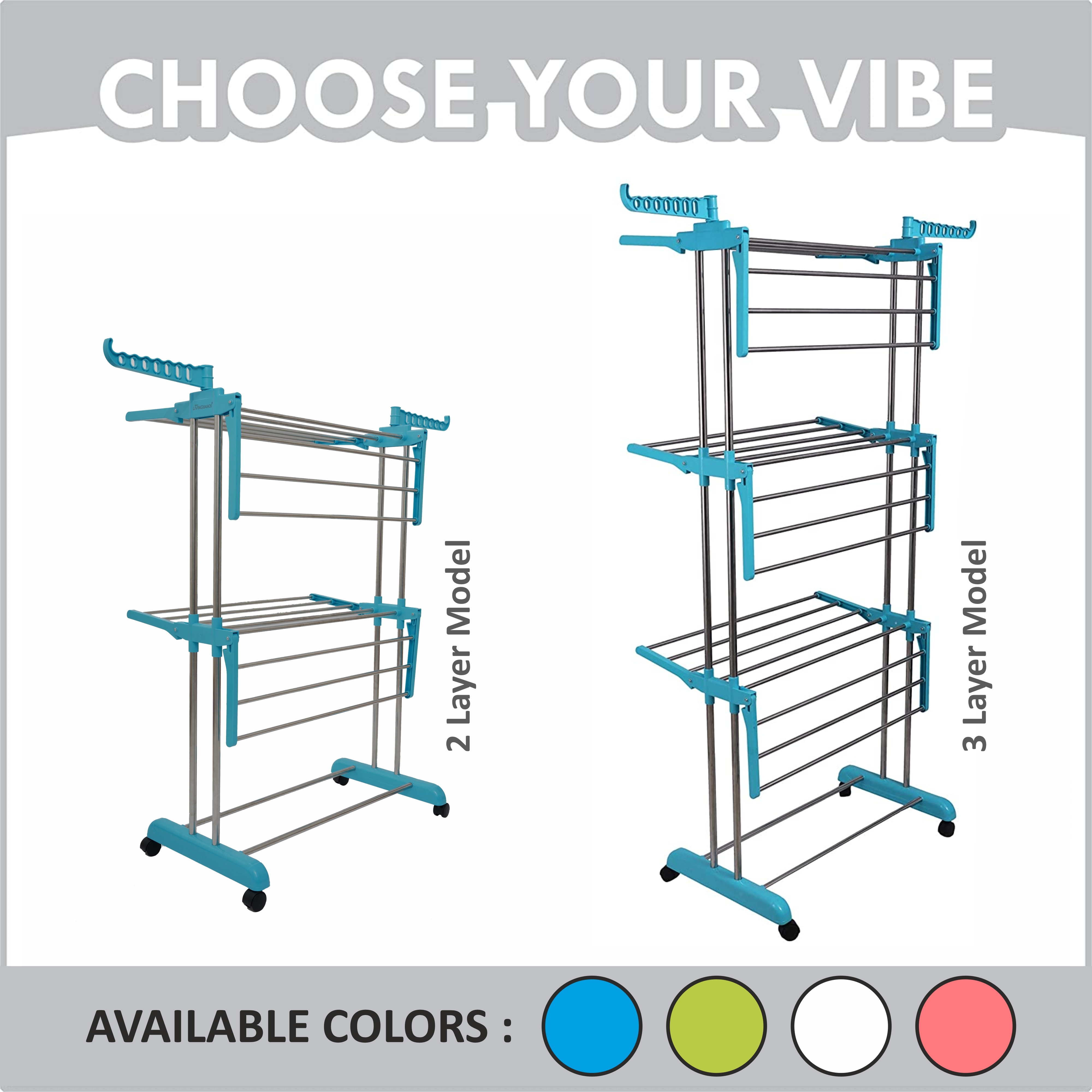 2 Layer/tier Stainless Steel Cloth Drying Stand - Medium Size, 4.42kg Weight, Cyan Blue Color, Foldable Design, Wheels For Easy Mobility