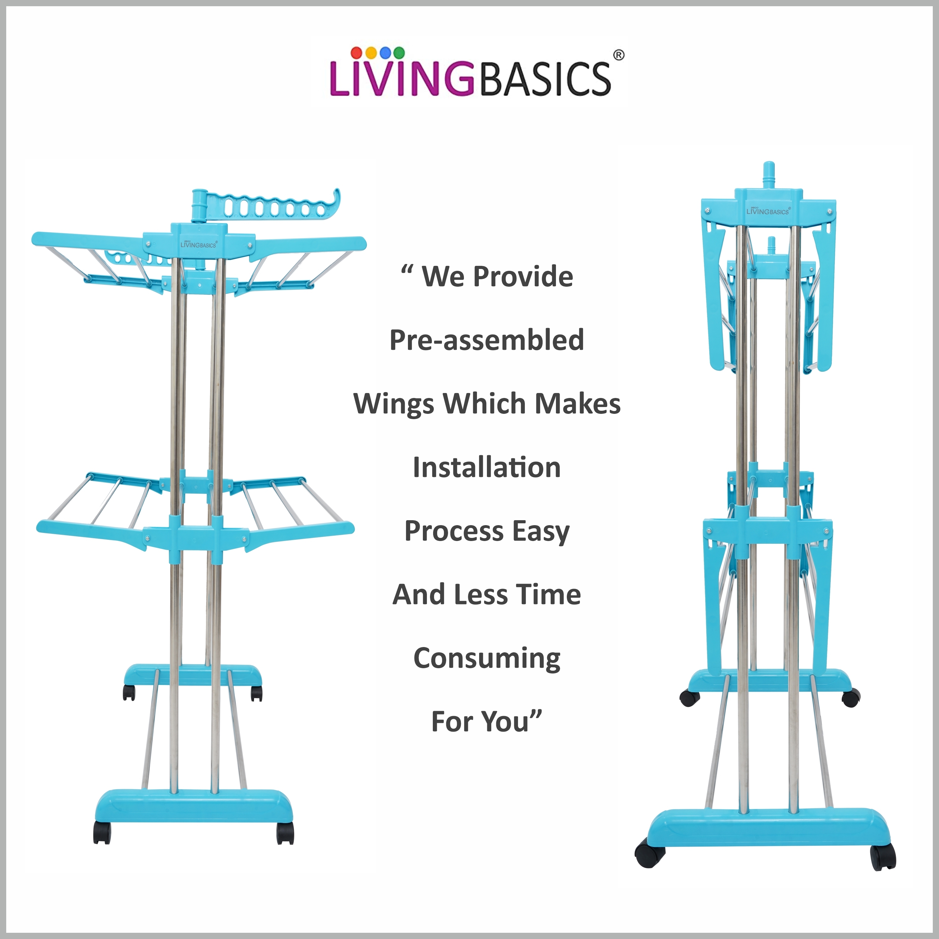 2 Layer/tier Stainless Steel Cloth Drying Stand - Medium Size, 4.42kg Weight, Cyan Blue Color, Foldable Design, Wheels For Easy Mobility