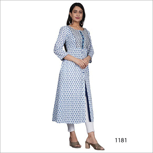 Cotton Printed Kurti - Blue And White, 3-4th Sleeve, Casual Wear For Ladies, Breathable And Washable