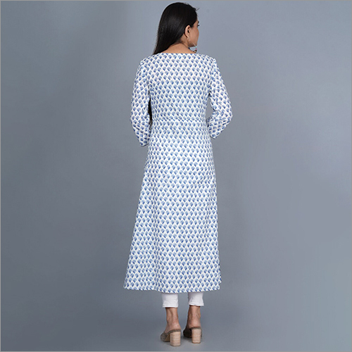 Cotton Printed Kurti - Blue And White, 3-4th Sleeve, Casual Wear For Ladies, Breathable And Washable