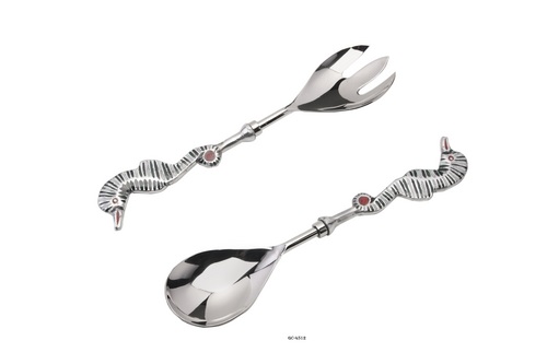 Designer Salad Server - Stainless Steel , Polished Finish, Elegant Silver and White Design