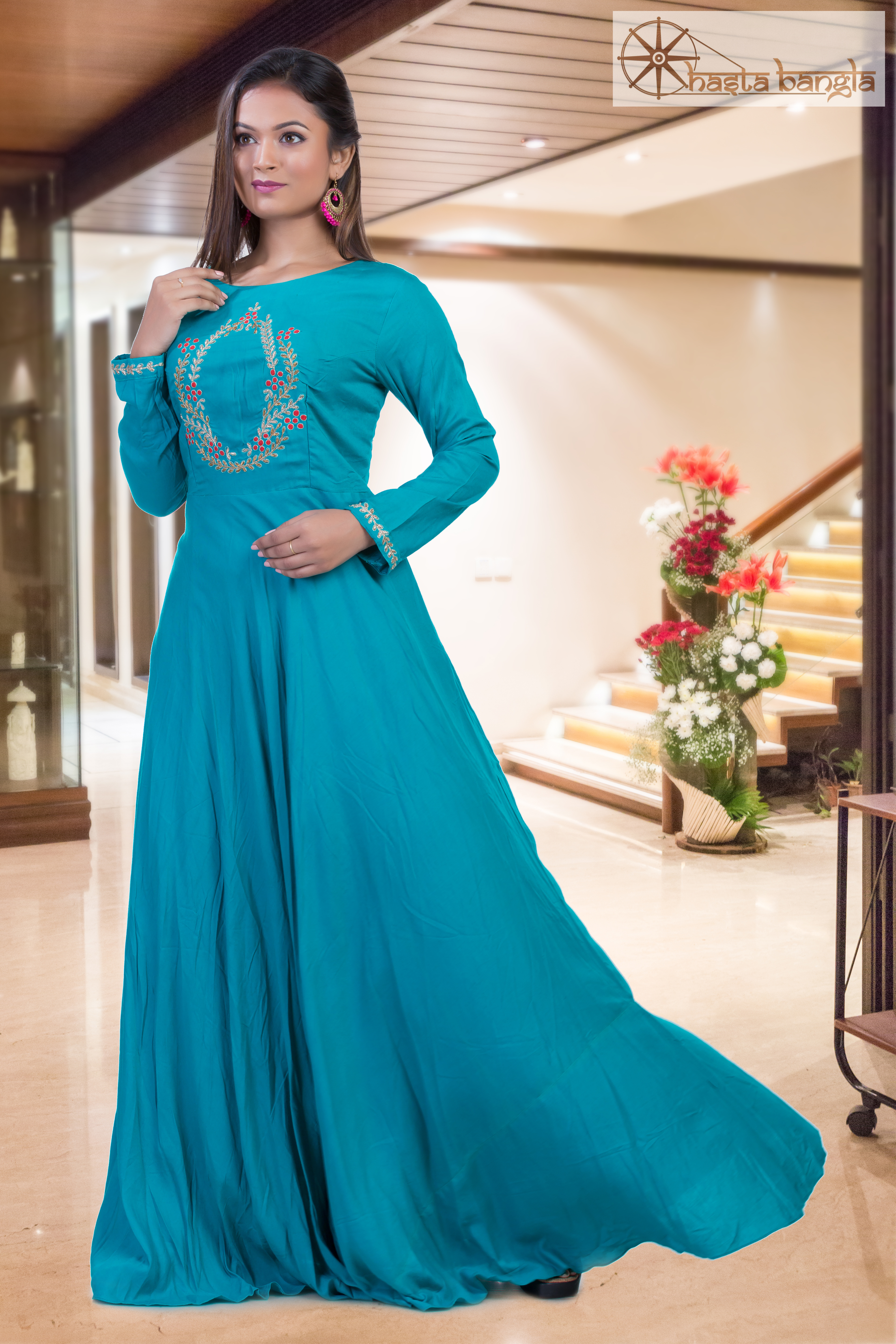 Zardosi Gown - Cotton, Sizes L To Xxxl | All-season Trendy Ethnic Wear, Embroidered Design, Dry Clean Only