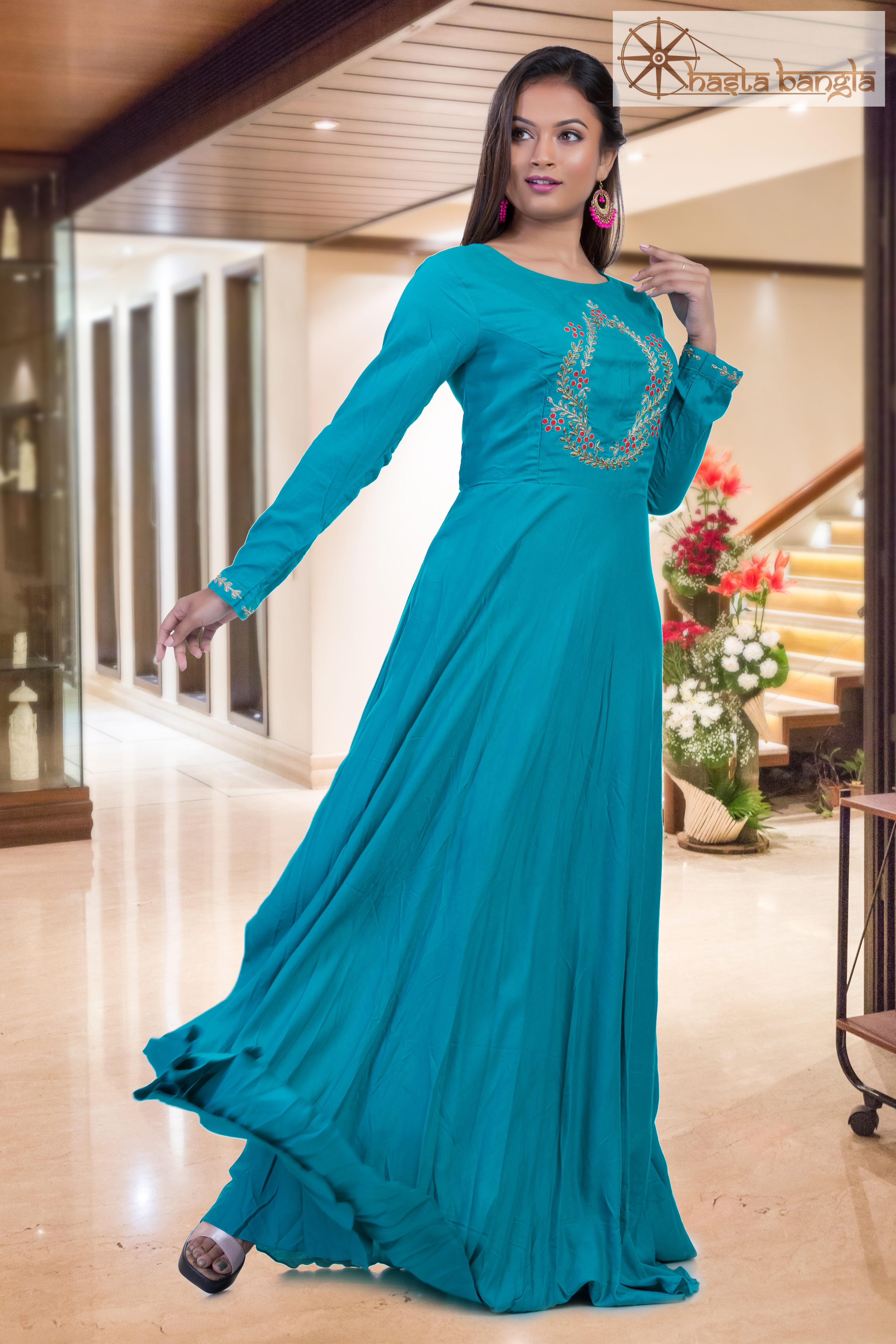 Zardosi Gown - Cotton, Sizes L To Xxxl | All-season Trendy Ethnic Wear, Embroidered Design, Dry Clean Only