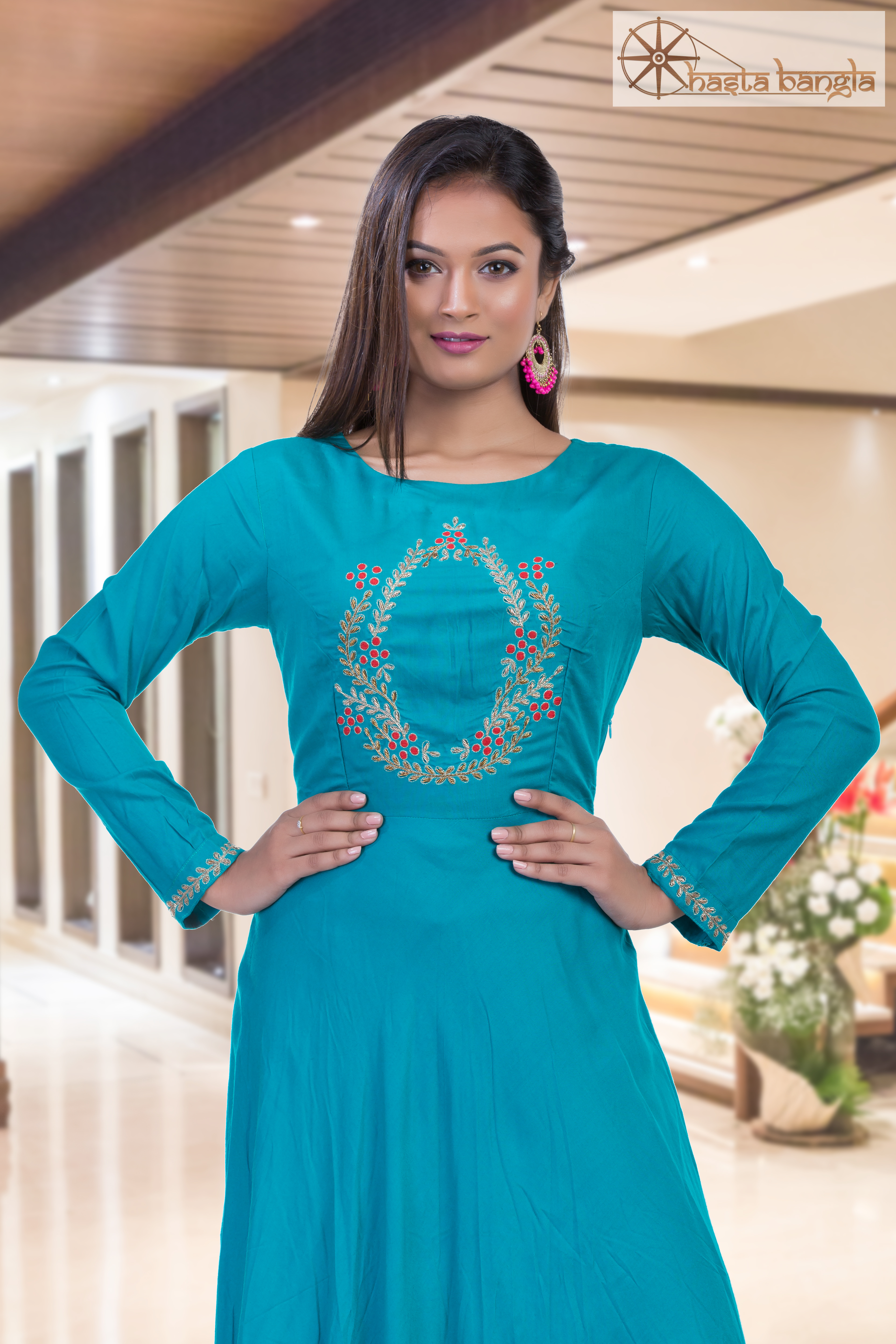 Zardosi Gown - Cotton, Sizes L To Xxxl | All-season Trendy Ethnic Wear, Embroidered Design, Dry Clean Only