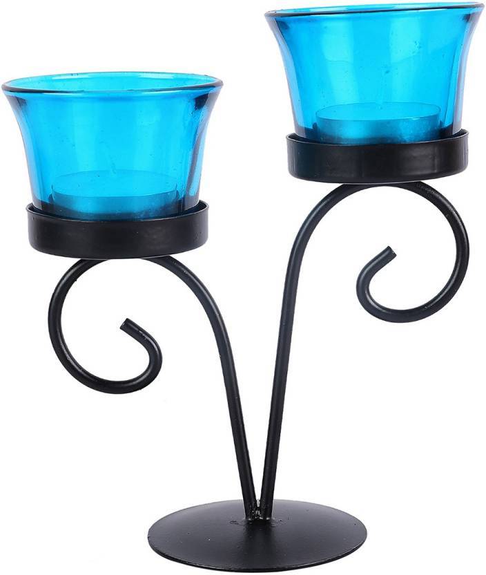 Decorative Candle Holder - Metal Brass, Twin Holder Design With Round Base, Vibrant Colors & Attractive Patterns, Polished Finish