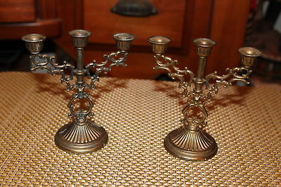 Vintage Brass Three Candle Holder Set Of Two