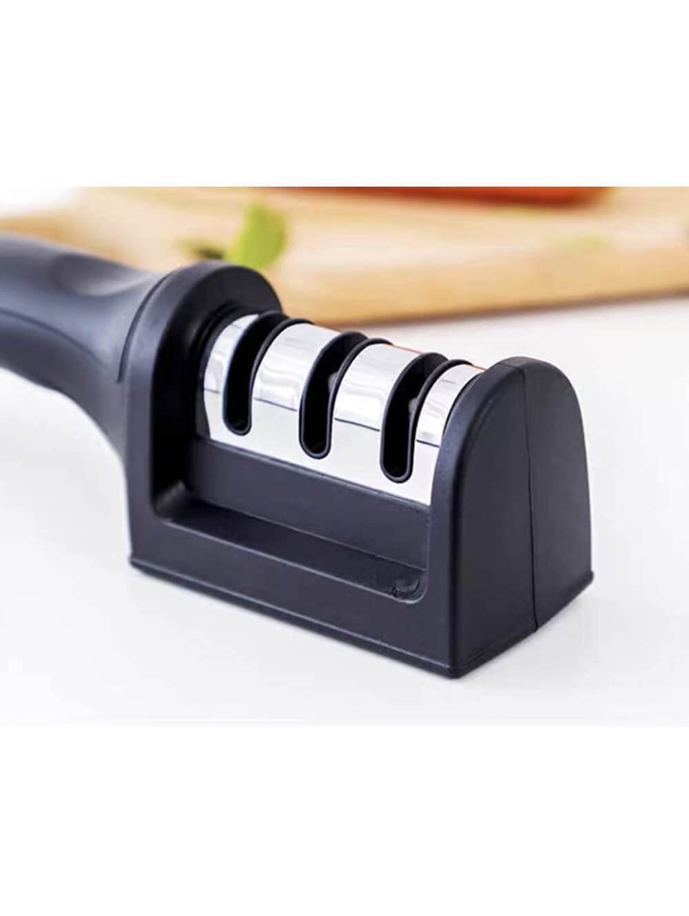 3 Slot Knife Sharpener - Stainless Steel, Abs Plastic, Black | Easy To Clean, Anti-skid Design, 3-step Sharpening With Ergonomic Handle