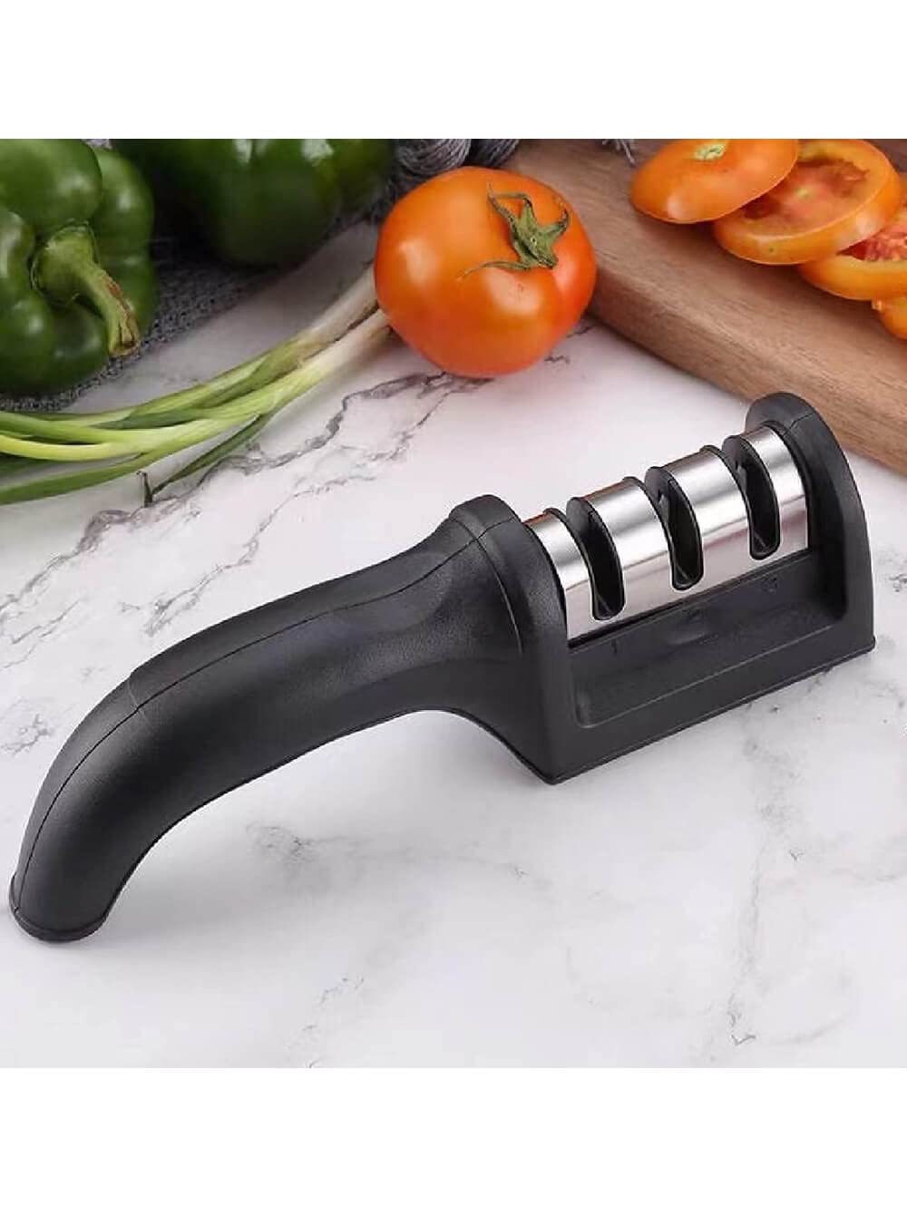3 Slot Knife Sharpener - Stainless Steel, Abs Plastic, Black | Easy To Clean, Anti-skid Design, 3-step Sharpening With Ergonomic Handle