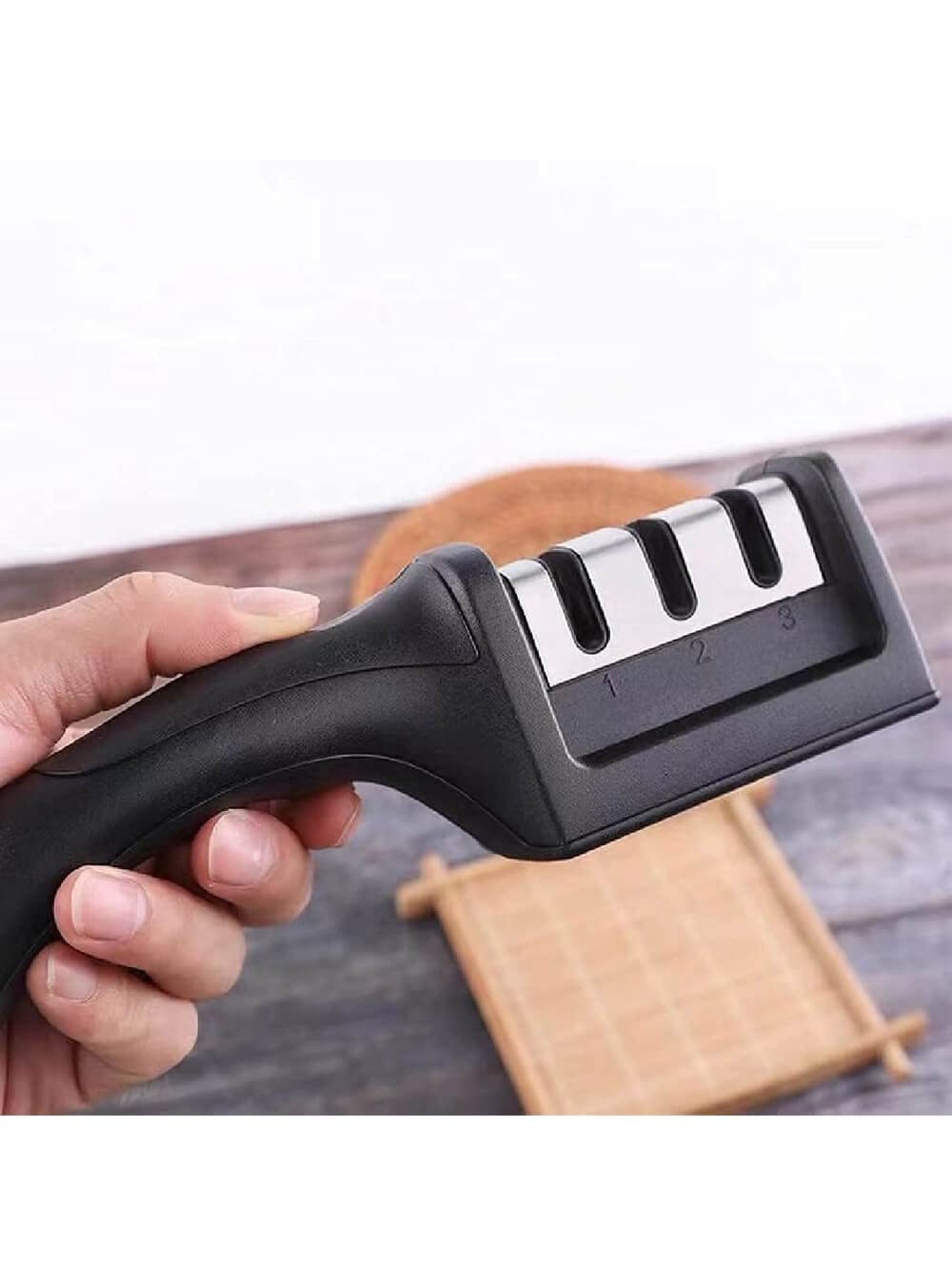 3 Slot Knife Sharpener - Stainless Steel, Abs Plastic, Black | Easy To Clean, Anti-skid Design, 3-step Sharpening With Ergonomic Handle
