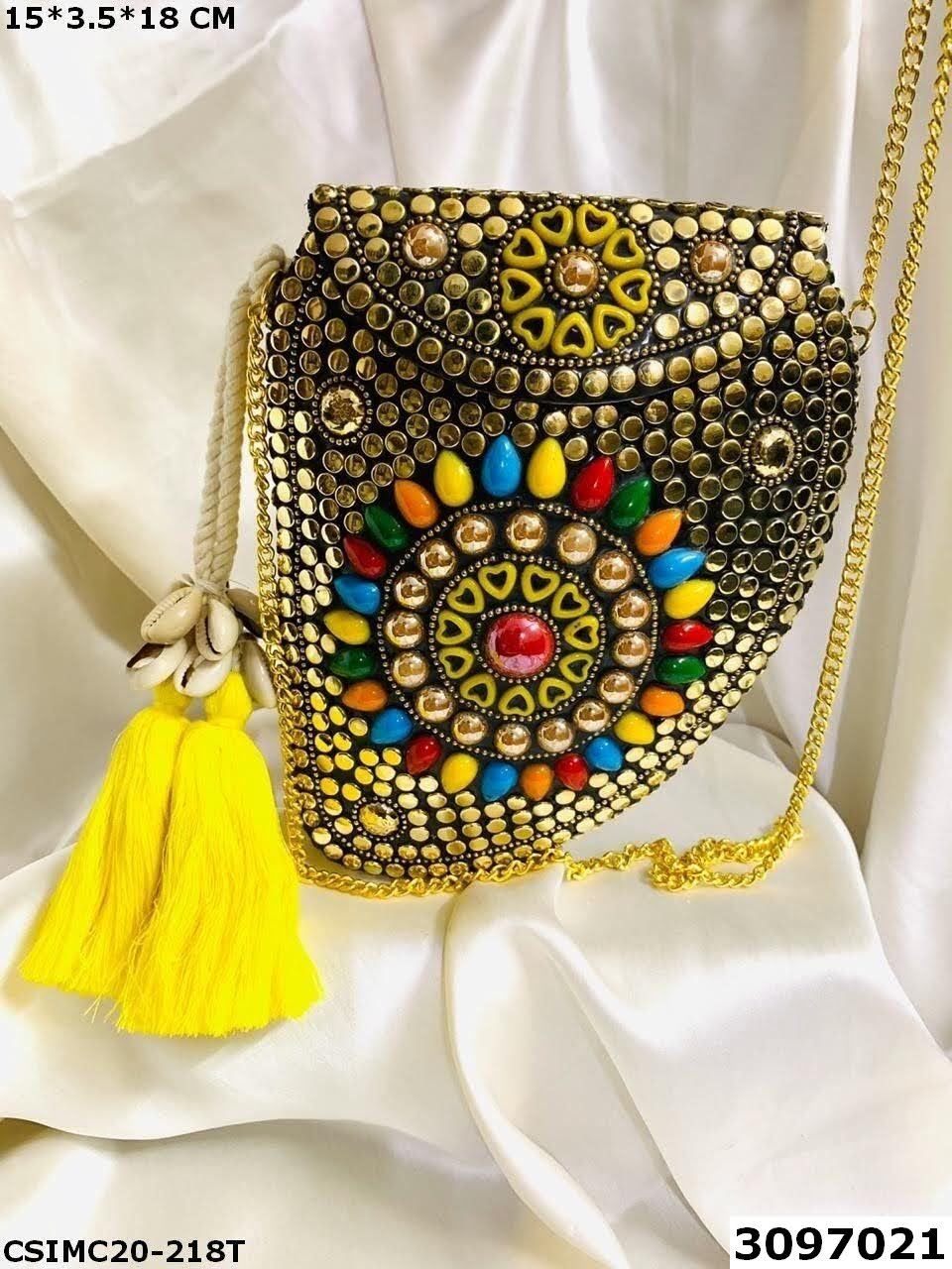 Handmade Mosaic Metal Clutch Bag - 19x3.5x14cm | Multi Color, Velvet Lining, Break-proof Design, Hand Inlaid Artistry, Fashion Statement