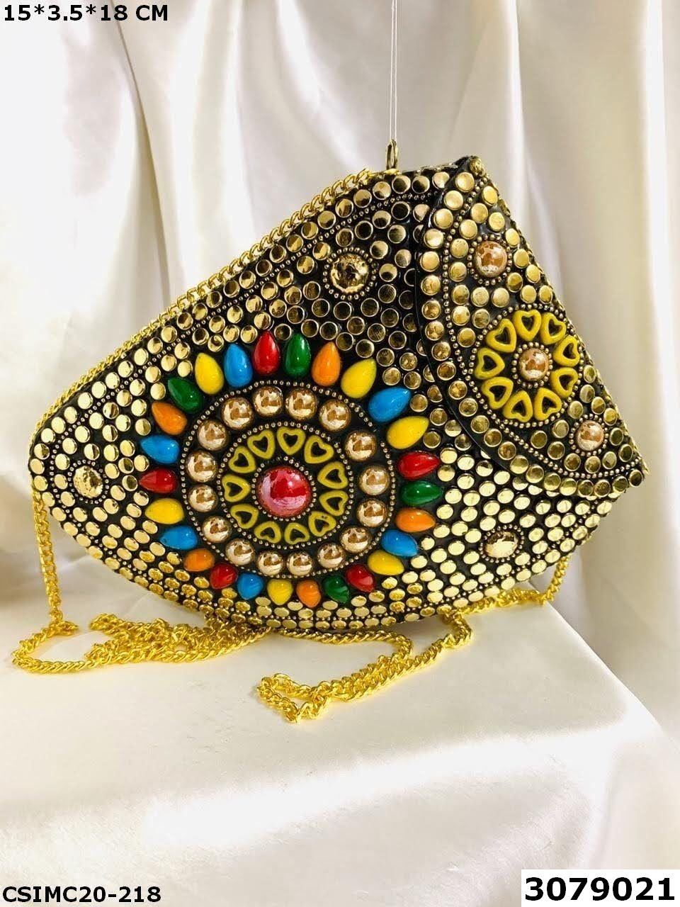 Handmade Mosaic Metal Clutch Bag - 19x3.5x14cm | Multi Color, Velvet Lining, Break-proof Design, Hand Inlaid Artistry, Fashion Statement