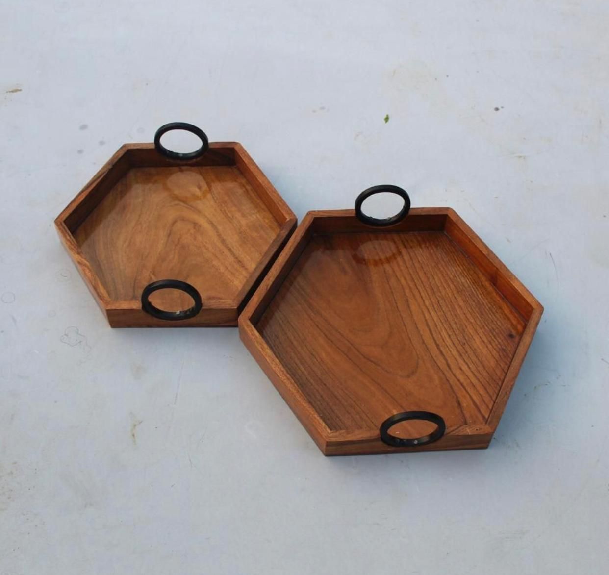 Hexagon, Wooden Tray Set Of 2,