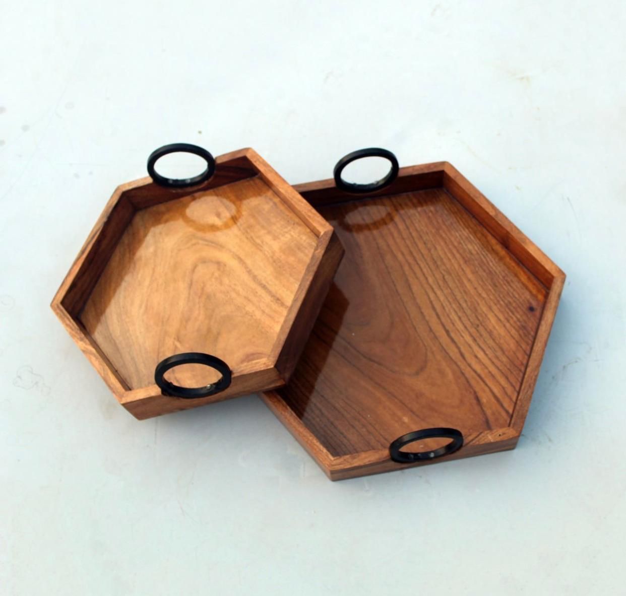 Hexagon, Wooden Tray Set Of 2,