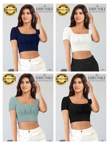 Dhunki Ladies Top - Ajanta Fabric (95% Polyester, 5% Spandex), Size M (36) & XL (40), 1/4 Sleeve Length 15/16, Colors: 4 Options, Full Stitched