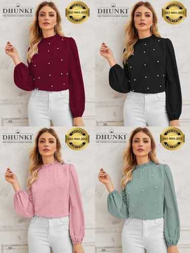 Dhunki Heavy Georgette Designer Top - Full Sleeve, M(38)/XL(42) | Pearl Studded Neck and Sleeve, Limited Edition Bubble Skirt Style