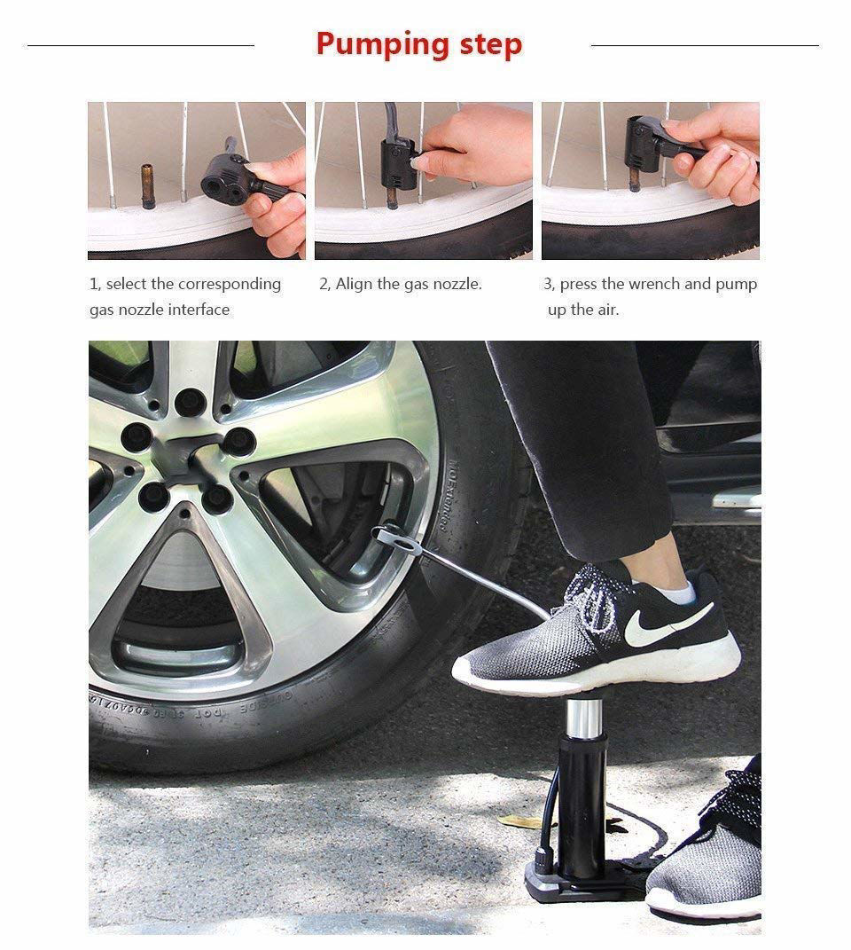 Mini Foot Pump - Aluminium Alloy Tube, 410mm Hose, Black & Silver | Portable, Lightweight, Durable, Includes Pressure Gauge Up To 230 Psi