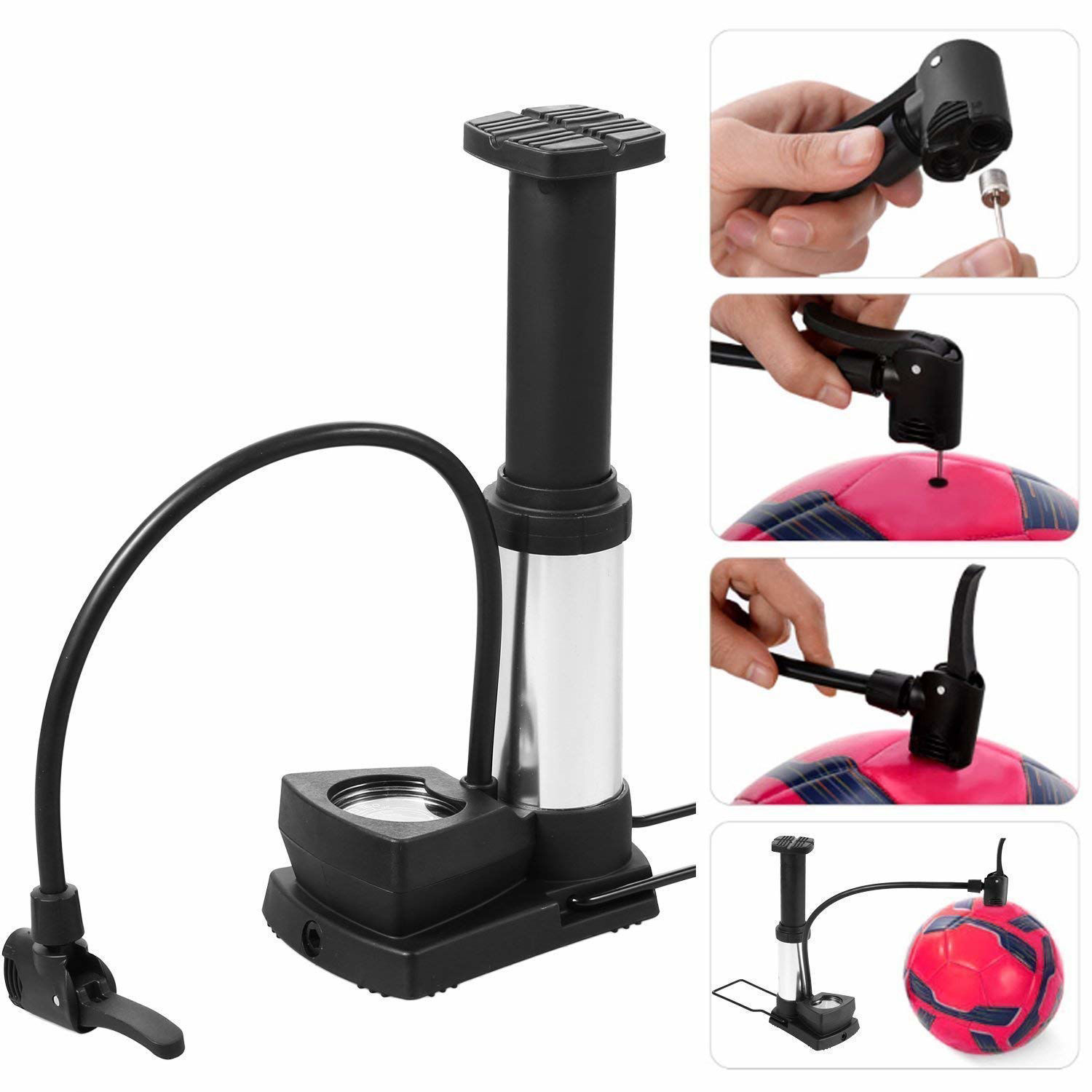 Mini Foot Pump - Aluminium Alloy Tube, 410mm Hose, Black & Silver | Portable, Lightweight, Durable, Includes Pressure Gauge Up To 230 Psi