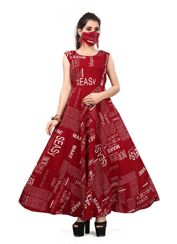 Flared Dress - Poly Crepe, 50 Inch Length | Sleeveless, Maroon Color, Printed Design, Ethnic Style, All Season Wear