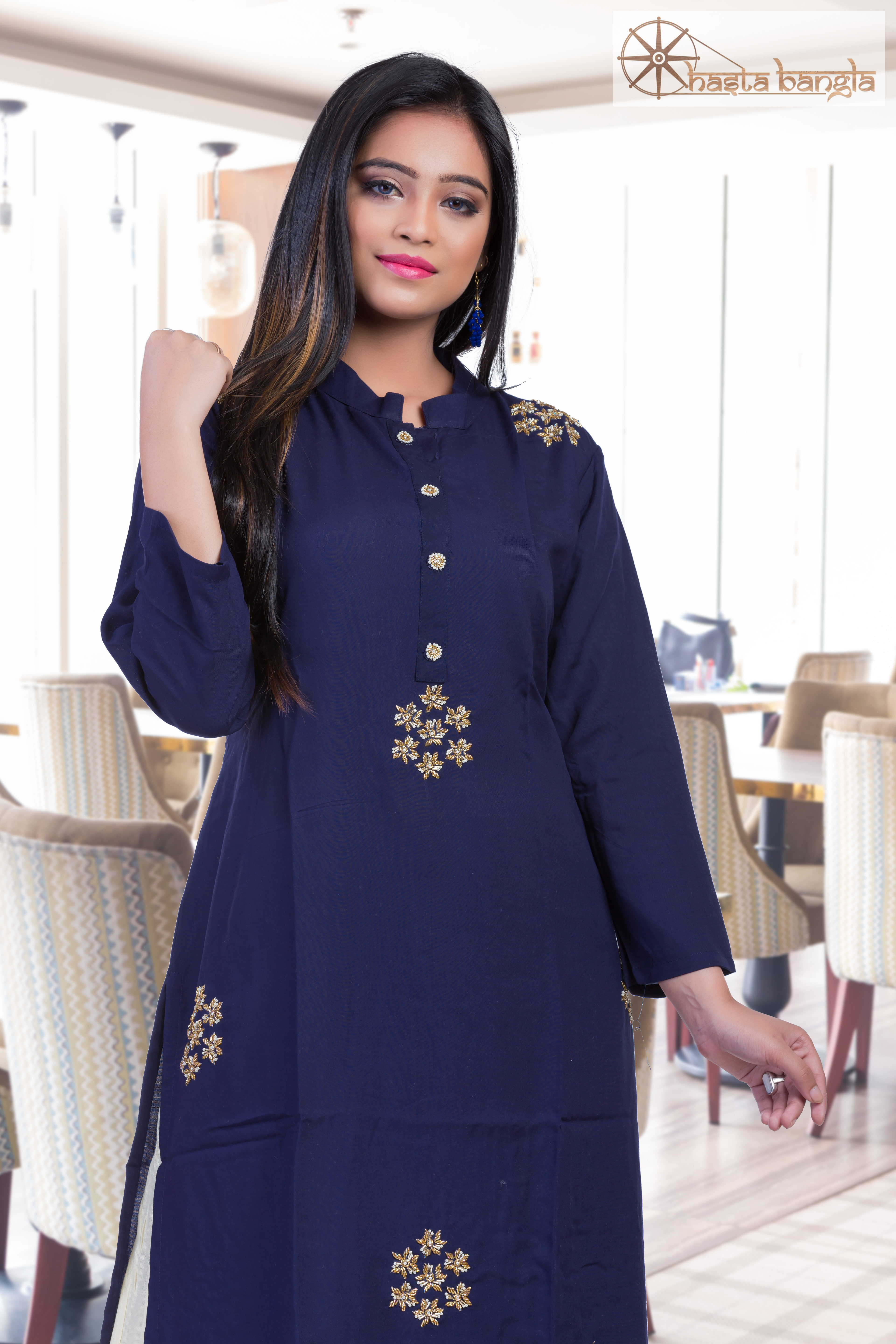 Cut Dana Hand Embroidered Cotton Rayon Kurti And Plazo Set - Customized Sizes In Dark Blue | Casual Daily Wear Ethnic Formal Party Wear For All Seasons