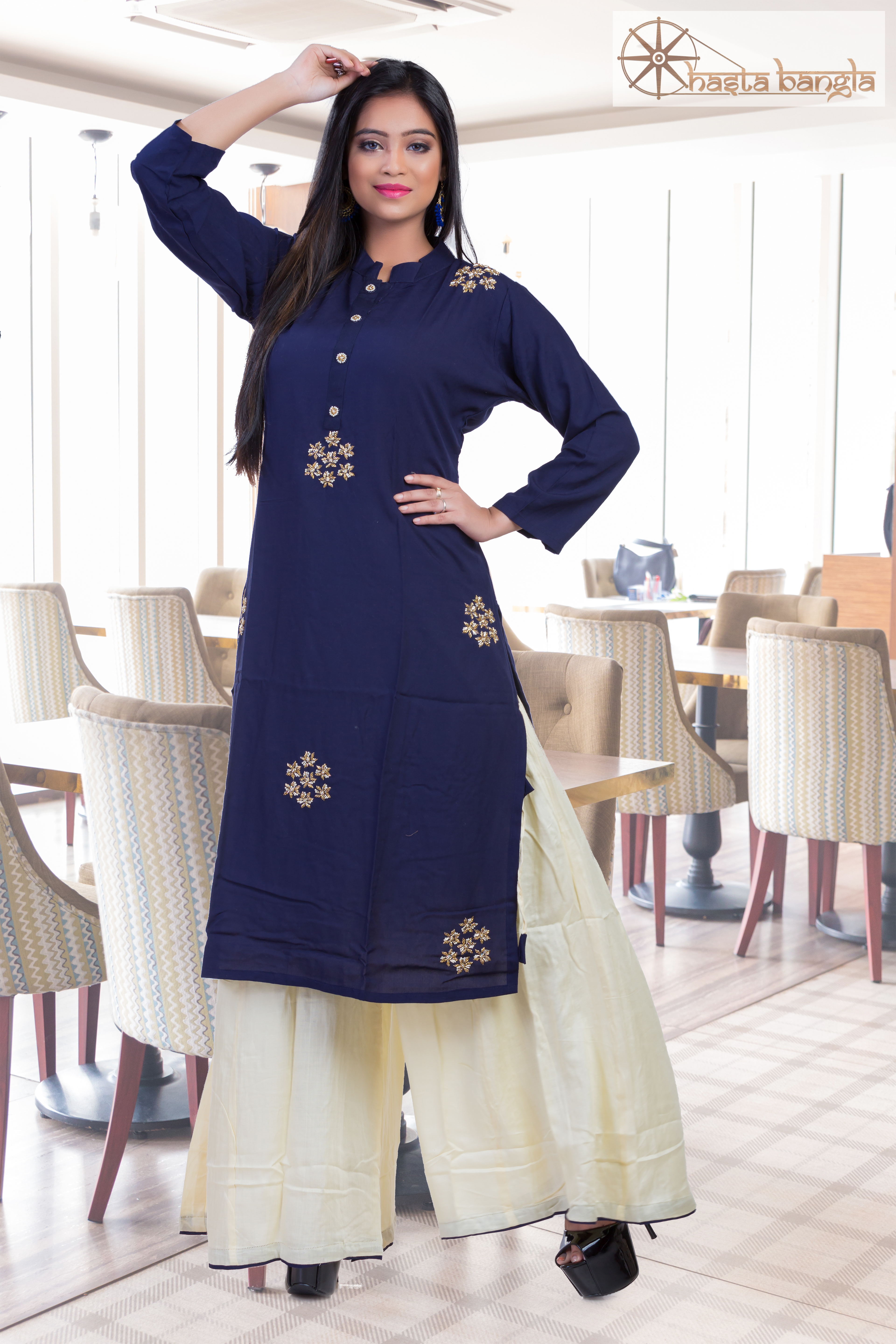 Cut Dana Hand Embroidered Cotton Rayon Kurti And Plazo Set - Customized Sizes In Dark Blue | Casual Daily Wear Ethnic Formal Party Wear For All Seasons